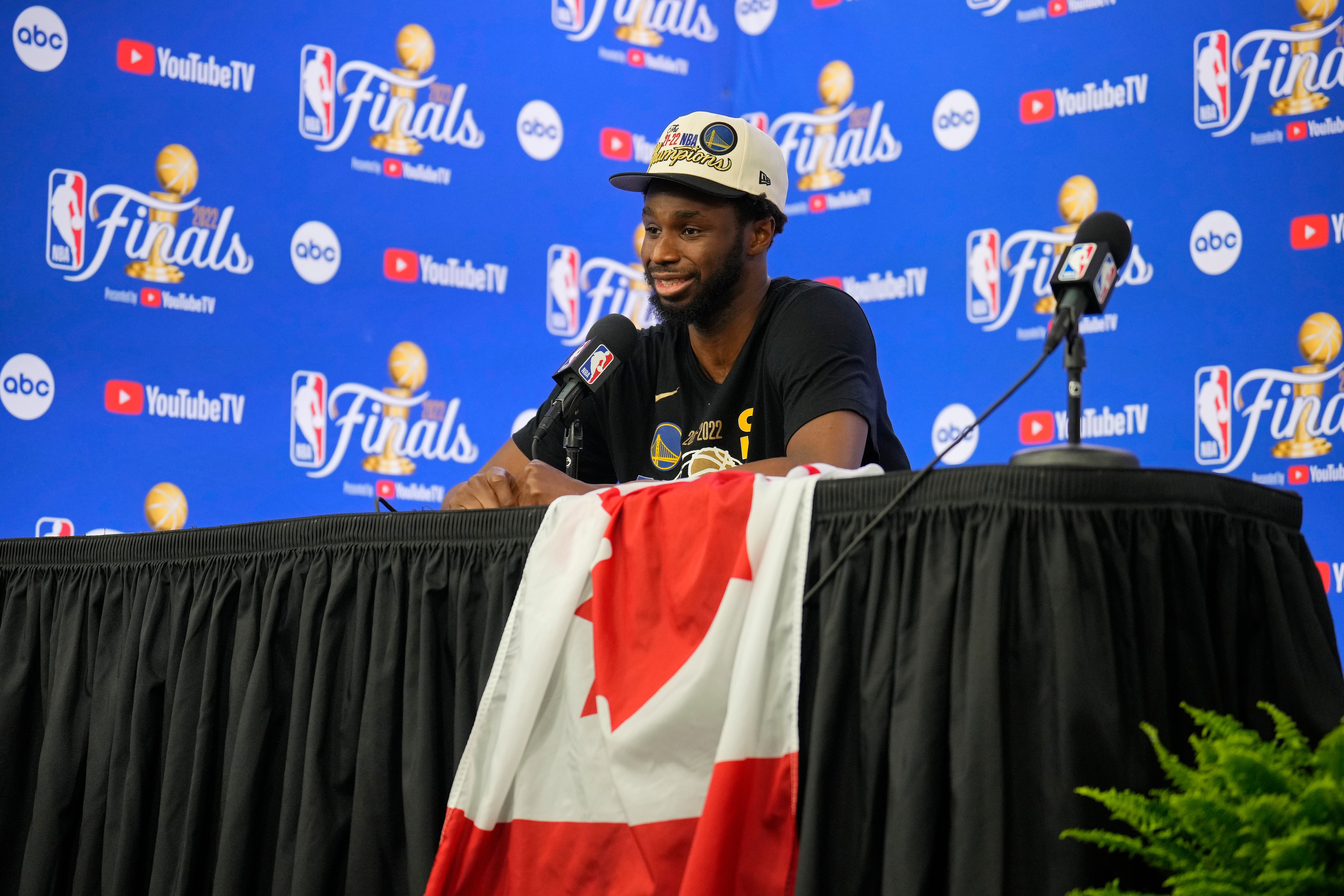 BOSTON, MA - JUNE 16: Andrew Wiggins #22 of the Golden State Warriors speaks to the media during a press conference after winning Game Six of the 2022 NBA Finals against the Boston Celtics on June 16, 2022 at TD Garden in Boston, Massachusetts. NOTE TO USER: User expressly acknowledges and agrees that, by downloading and or using this photograph, user is consenting to the terms and conditions of Getty Images License Agreement. Mandatory Copyright Notice: Copyright 2022 NBAE (Photo by Mark Blinch/NBAE via Getty Images)
