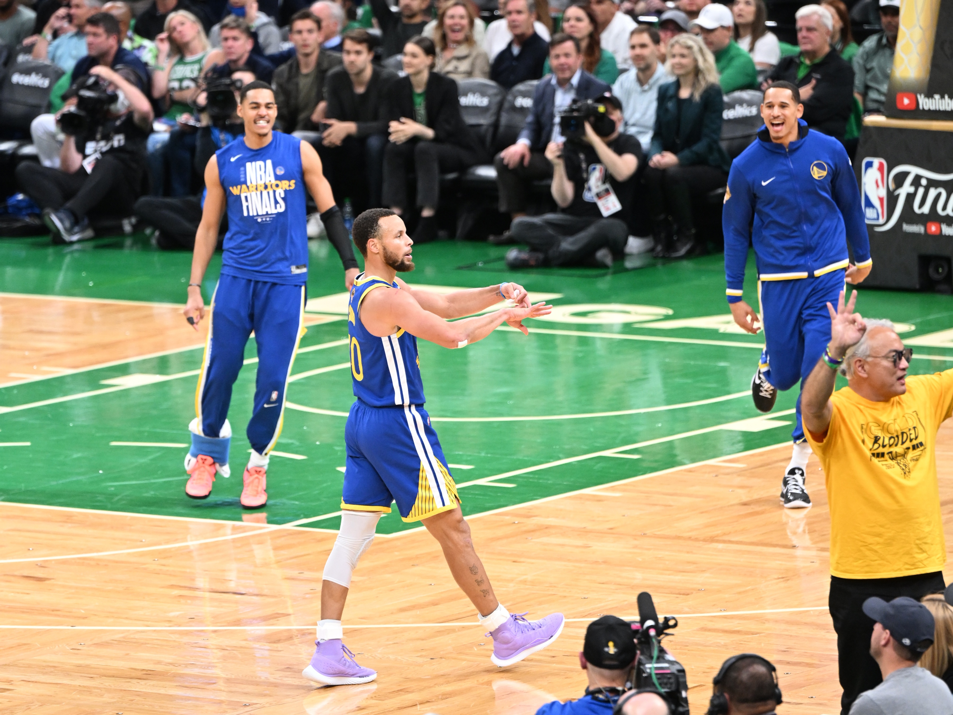 BOSTON, MA - JUNE 16:  Stephen Curry #30 of the Golden State Warriors celebrates a three point basket against the Boston Celtics during Game Six of the 2022 NBA Finals on June 16, 2022 at the TD Garden in Boston, Massachusetts. NOTE TO USER: User expressly acknowledges and agrees that, by downloading and or using this photograph, User is consenting to the terms and conditions of the Getty Images License Agreement. Mandatory Copyright Notice: Copyright 2022 NBAE (Photo by Annette Grant/NBAE via Getty Images)