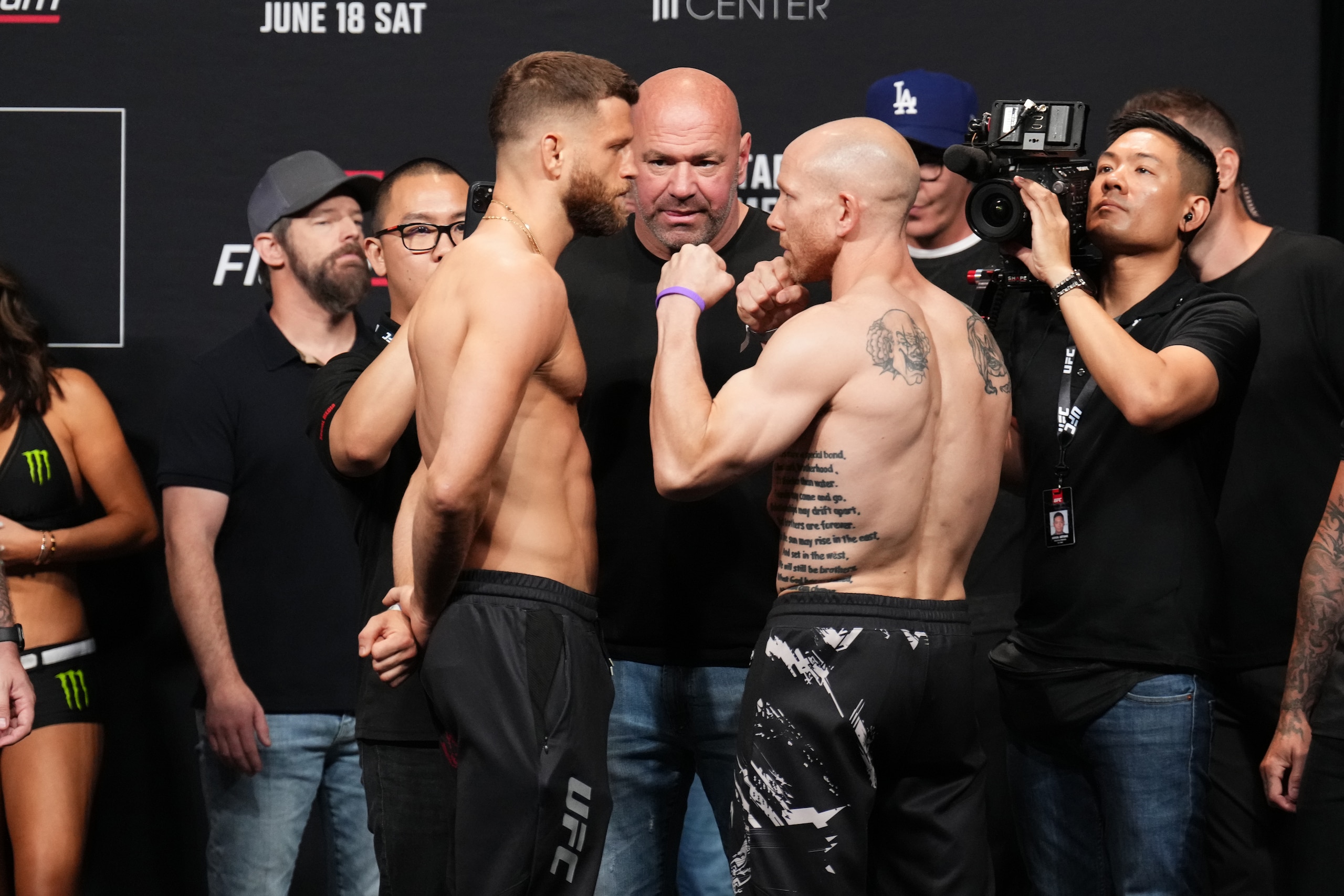 AUSTIN, TEXAS - JUNE 17: (L-R) Calvin Kattar and Josh Emmett face off during the UFC Fight Night ceremonial weigh-in at Moody Center on June 17, 2022 in Austin, Texas. (Photo by Josh Hedges/Zuffa LLC)