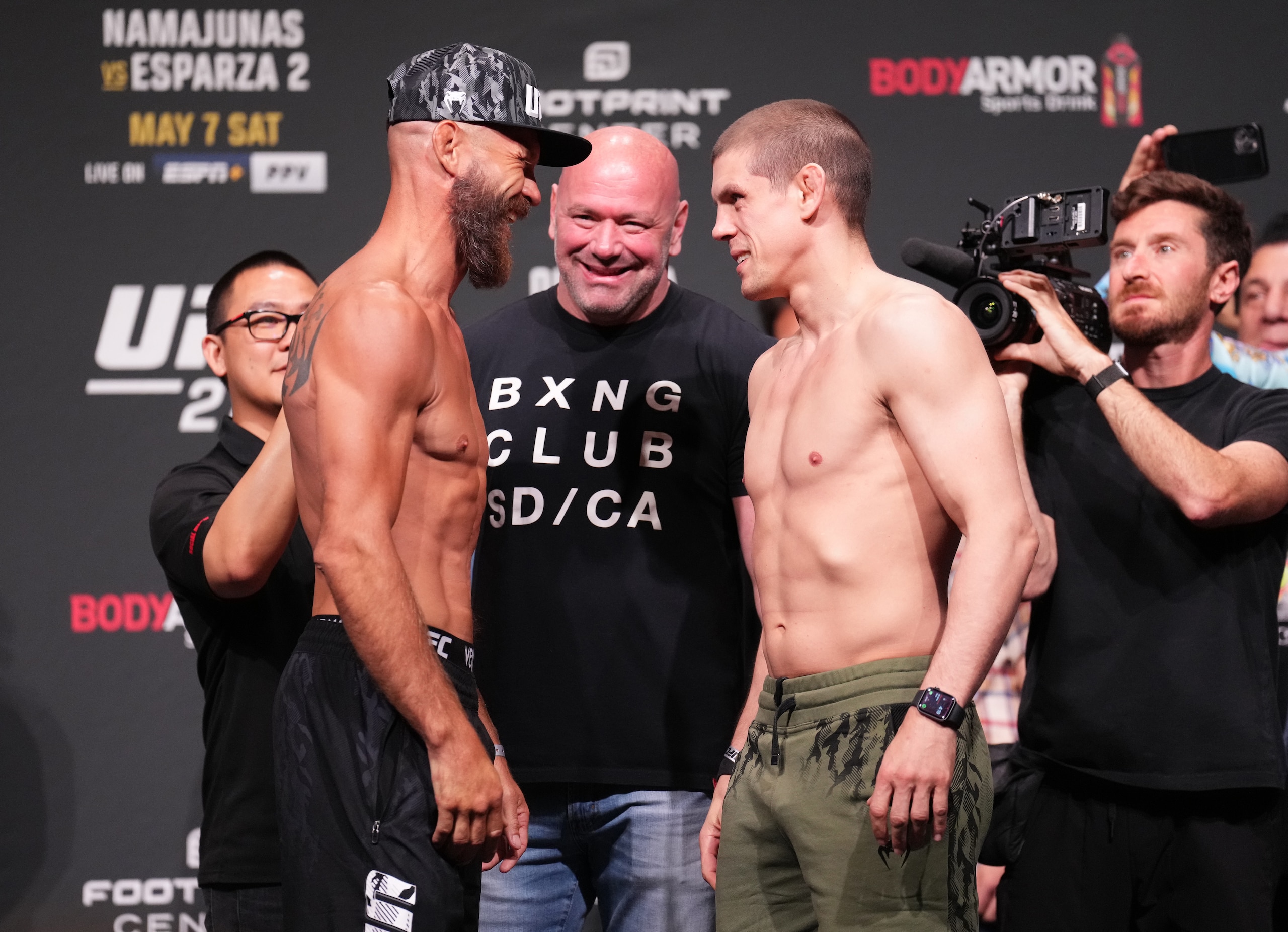 PHOENIX, ARIZONA - MAY 06: (L-R) Opponents Donald 'Cowboy' Cerrone and Joe Lauzon face off during the UFC 274 ceremonial weigh-in at the Arizona Federal Theatre on May 06, 2022 in Phoenix, Arizona. (Photo by Chris Unger/Zuffa LLC)