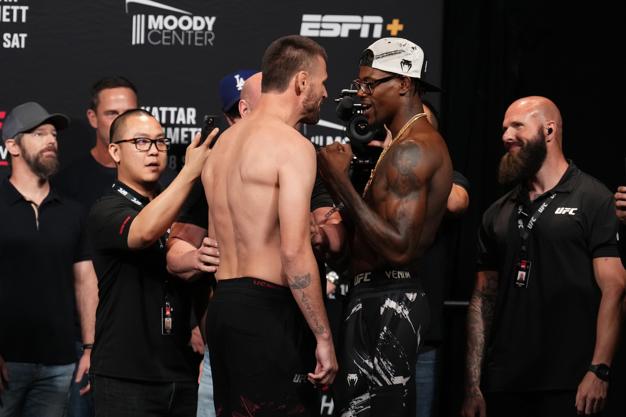 AUSTIN, TEXAS - JUNE 17: (L-R) Tim Means and Kevin Holland face off during the UFC Fight Night ceremonial weigh-in at Moody Center on June 17, 2022 in Austin, Texas. (Photo by Josh Hedges/Zuffa LLC)