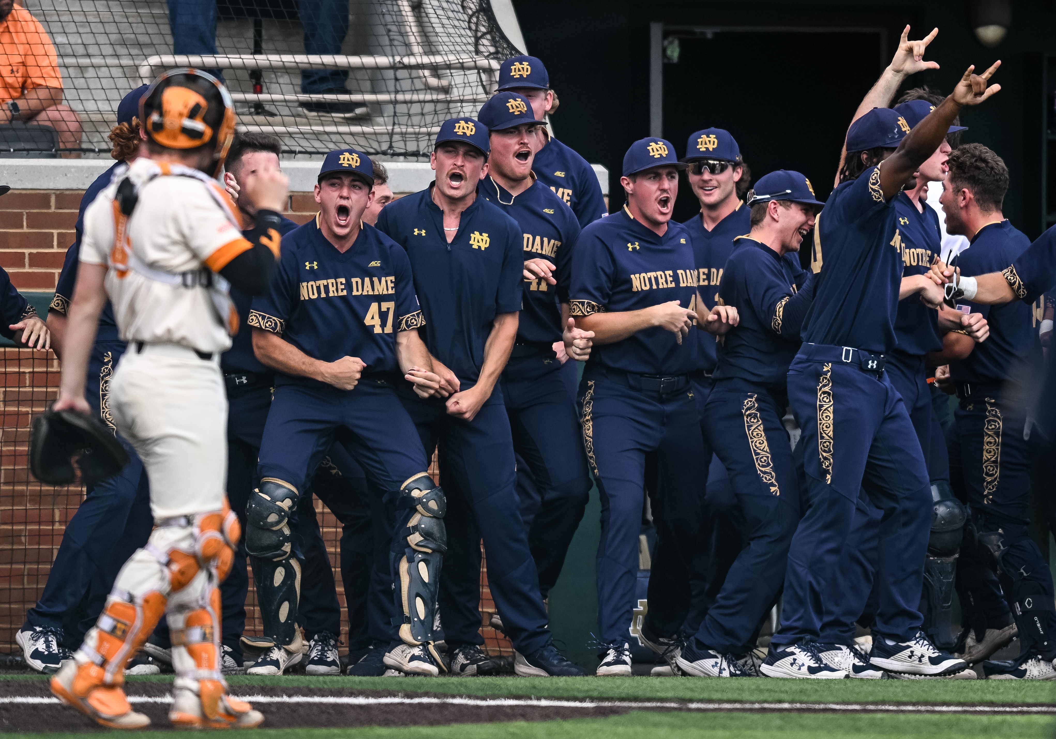 KNOXVILLE, TN - JUNE 12: Notre Dame Fighting Irish celebrate a home run during game three of the NCAA Super Regionals between the Tennessee Volunteers and Notre Dame Fighting Irish on June 12, 2022, at Lindsey Nelson Stadium in Knoxville, TN. (Photo by Bryan Lynn/Icon Sportswire via Getty Images)