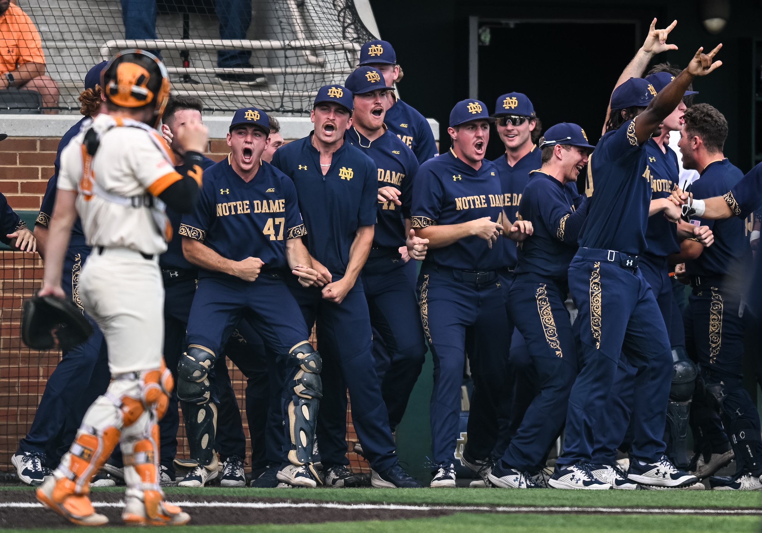 KNOXVILLE, TN - JUNE 12: Notre Dame Fighting Irish celebrate a home run during game three of the NCAA Super Regionals between the Tennessee Volunteers and Notre Dame Fighting Irish on June 12, 2022, at Lindsey Nelson Stadium in Knoxville, TN. (Photo by Bryan Lynn/Icon Sportswire via Getty Images)