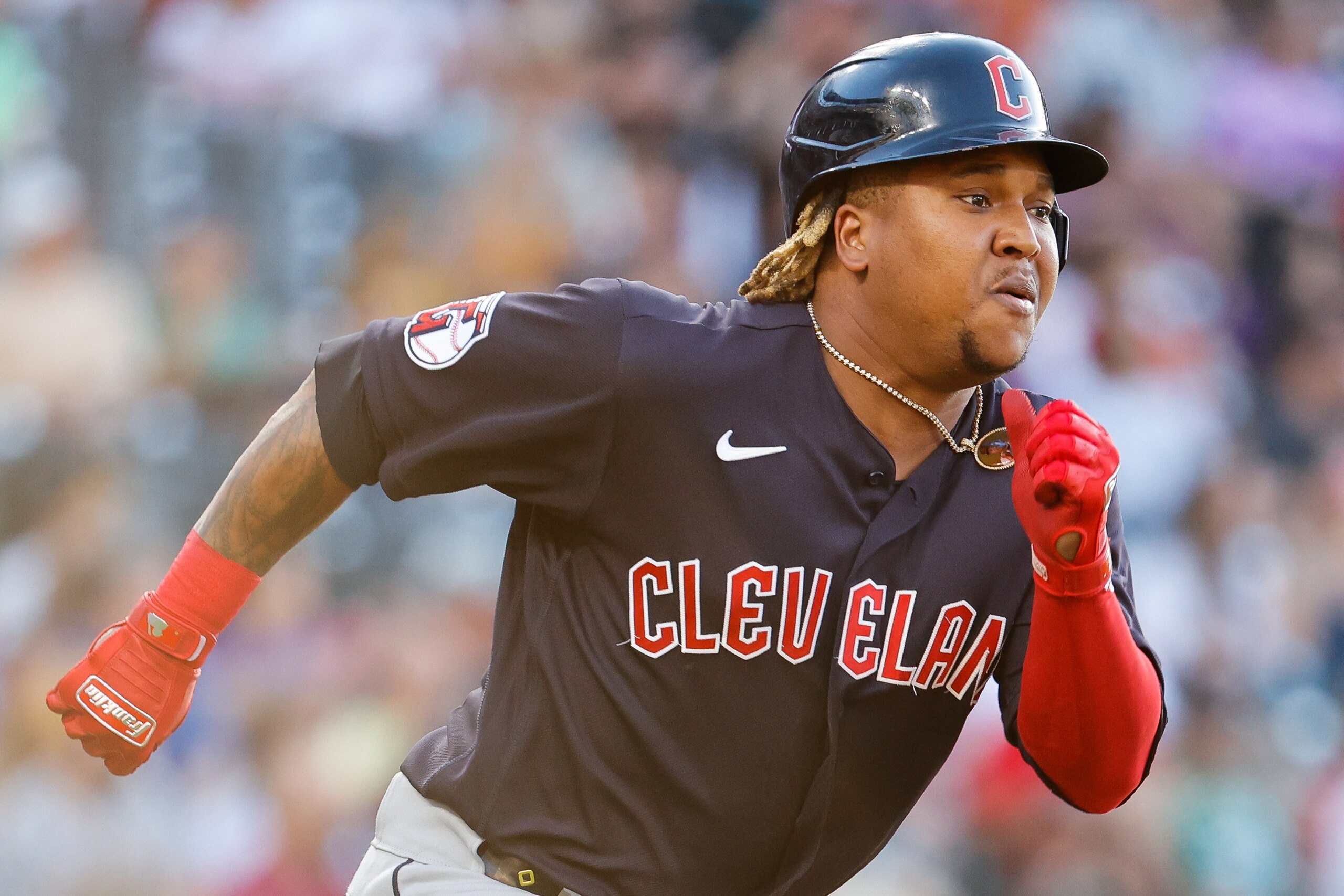 DENVER, CO - JUNE 15: Jose Ramirez #11 of the Cleveland Guardians runs a double against the Colorado Rockies at Coors Field on June 15, 2022 in Denver, Colorado. (Photo by Isaiah Vazquez/Clarkson Creative/Getty Images)