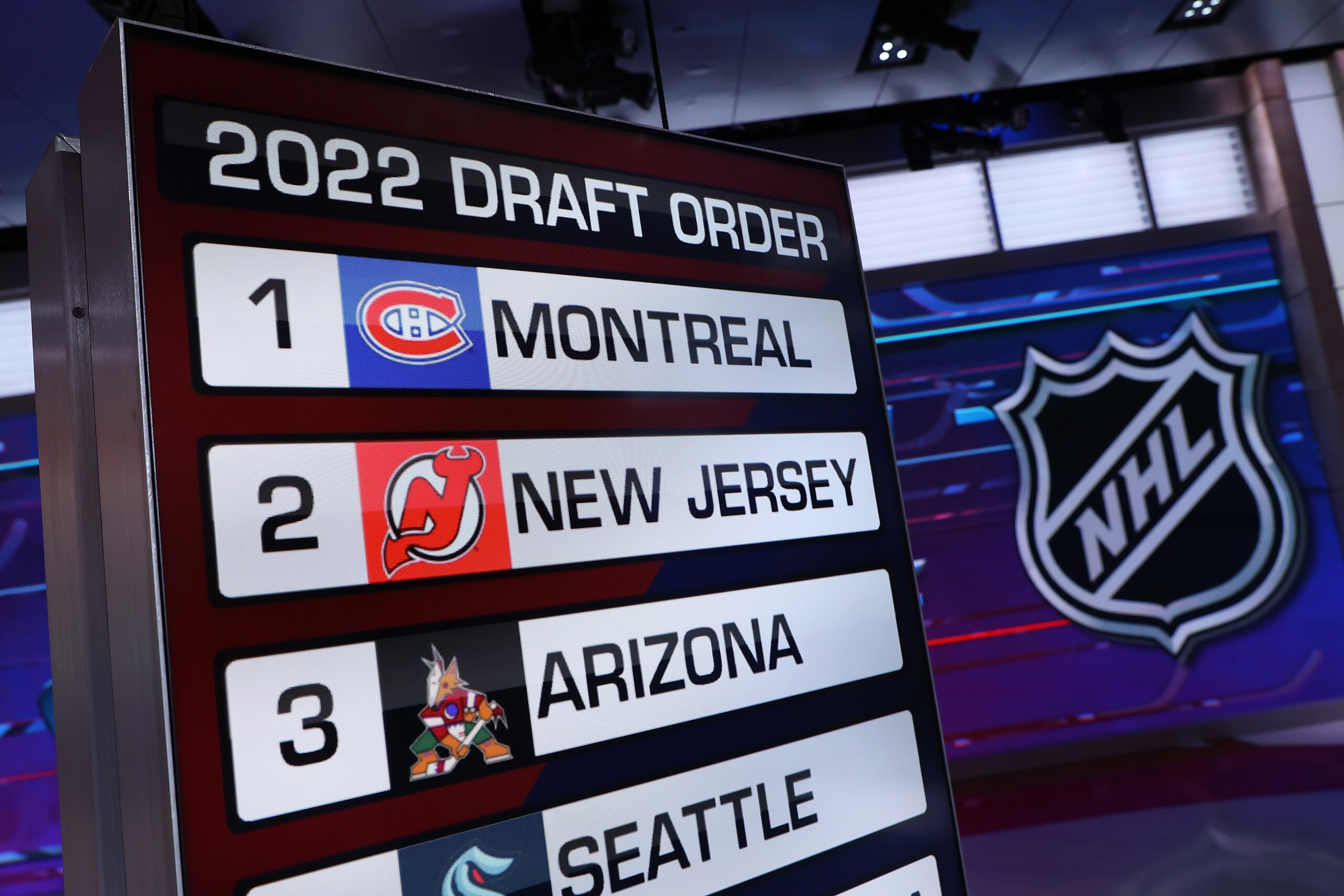 SECAUCUS, NEW JERSEY - MAY 10: 2022 NHL Draft Lottery positions are seen on May 10, 2022 at the NHL Network's studio in Secaucus, New Jersey. (Photo by Mike Stobe/NHLI via Getty Images)