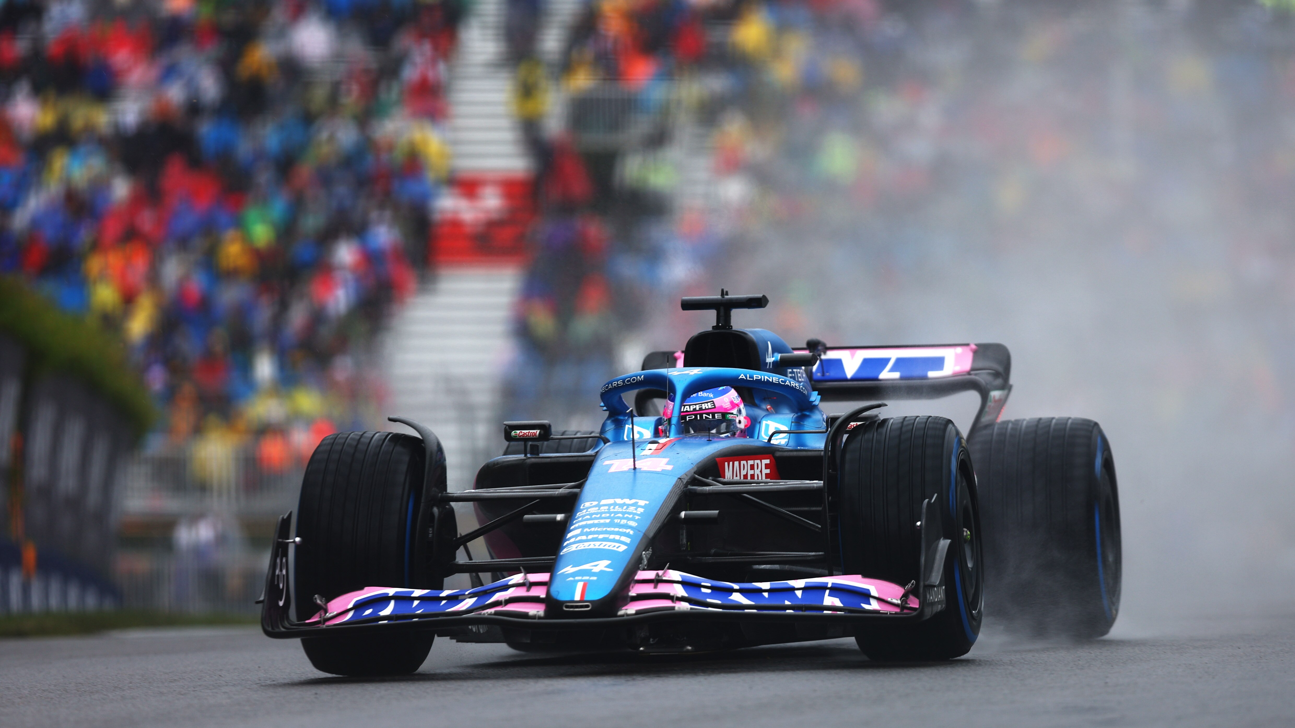 MONTREAL, QUEBEC - JUNE 18: Fernando Alonso of Spain driving the (14) Alpine F1 A522 Renault in the wet during final practice ahead of the F1 Grand Prix of Canada at Circuit Gilles Villeneuve on June 18, 2022 in Montreal, Quebec. (Photo by Lars Baron - Formula 1/Formula 1 via Getty Images)