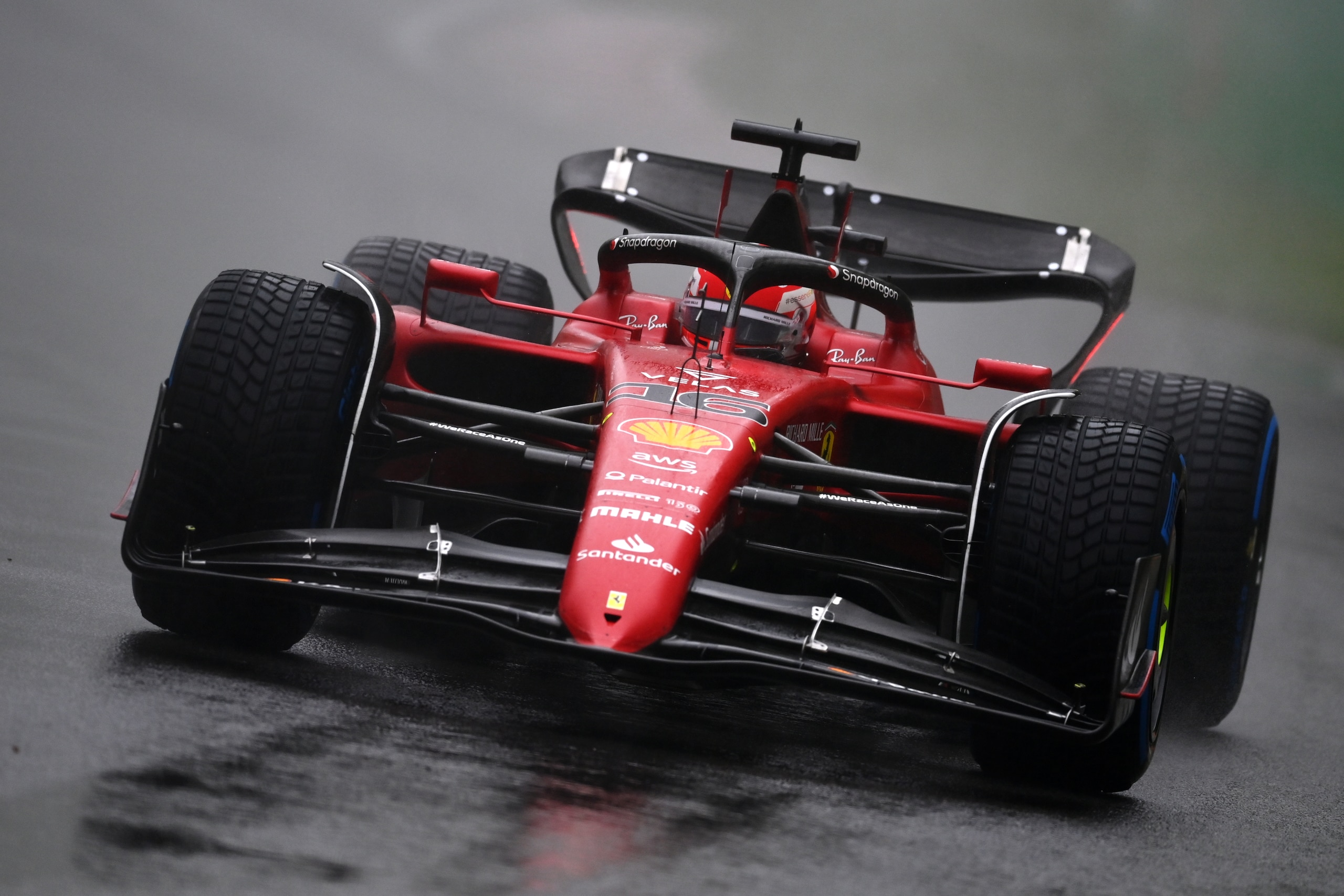 MONTREAL, QUEBEC - JUNE 18: Charles Leclerc of Monaco driving the (16) Ferrari F1-75 in the wet during final practice ahead of the F1 Grand Prix of Canada at Circuit Gilles Villeneuve on June 18, 2022 in Montreal, Quebec. (Photo by Dan Mullan/Getty Images)