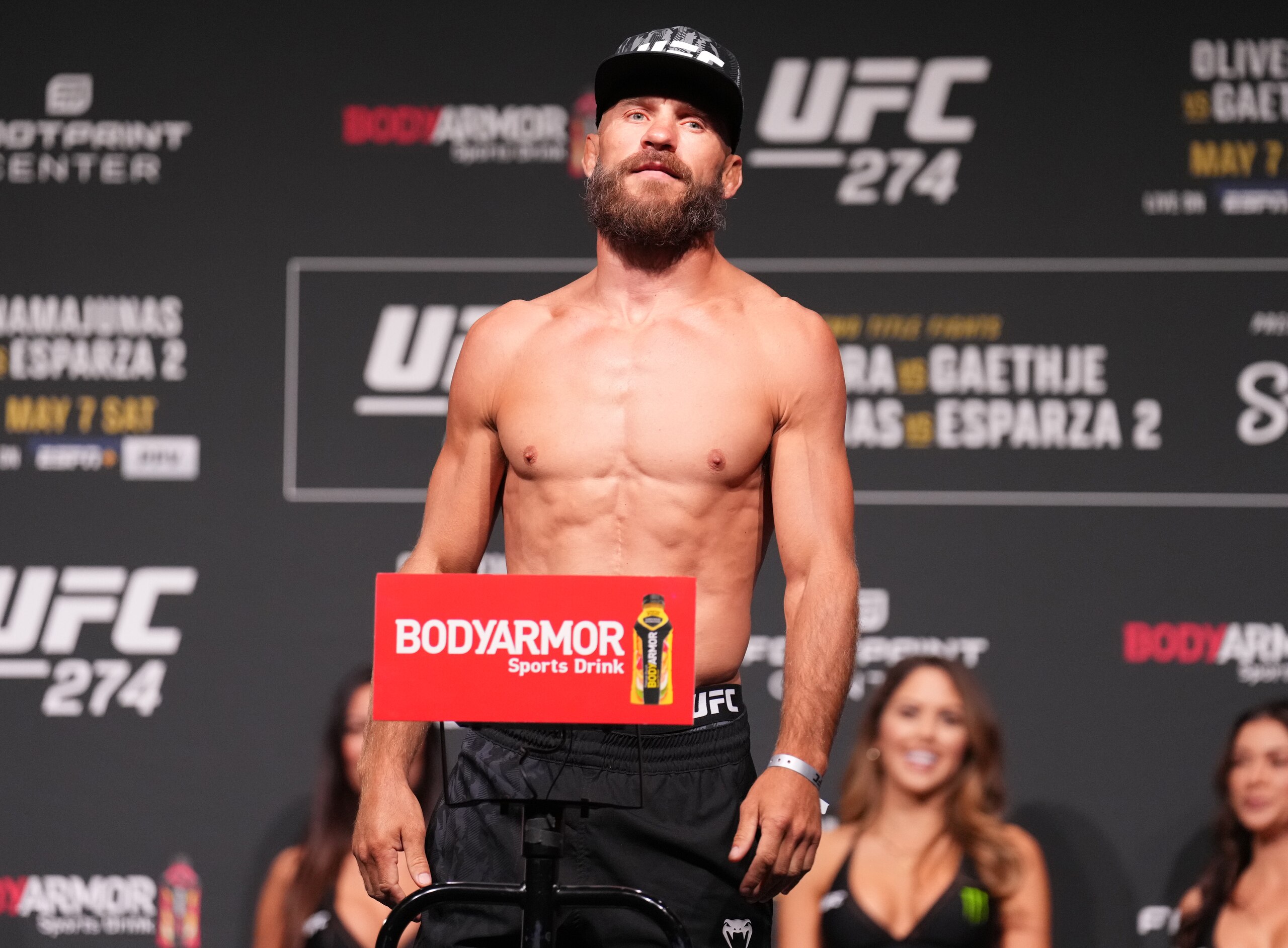 PHOENIX, ARIZONA - MAY 06: Donald 'Cowboy' Cerrone poses on the scale during the UFC 274 ceremonial weigh-in at the Arizona Federal Theatre on May 06, 2022 in Phoenix, Arizona. (Photo by Chris Unger/Zuffa LLC)