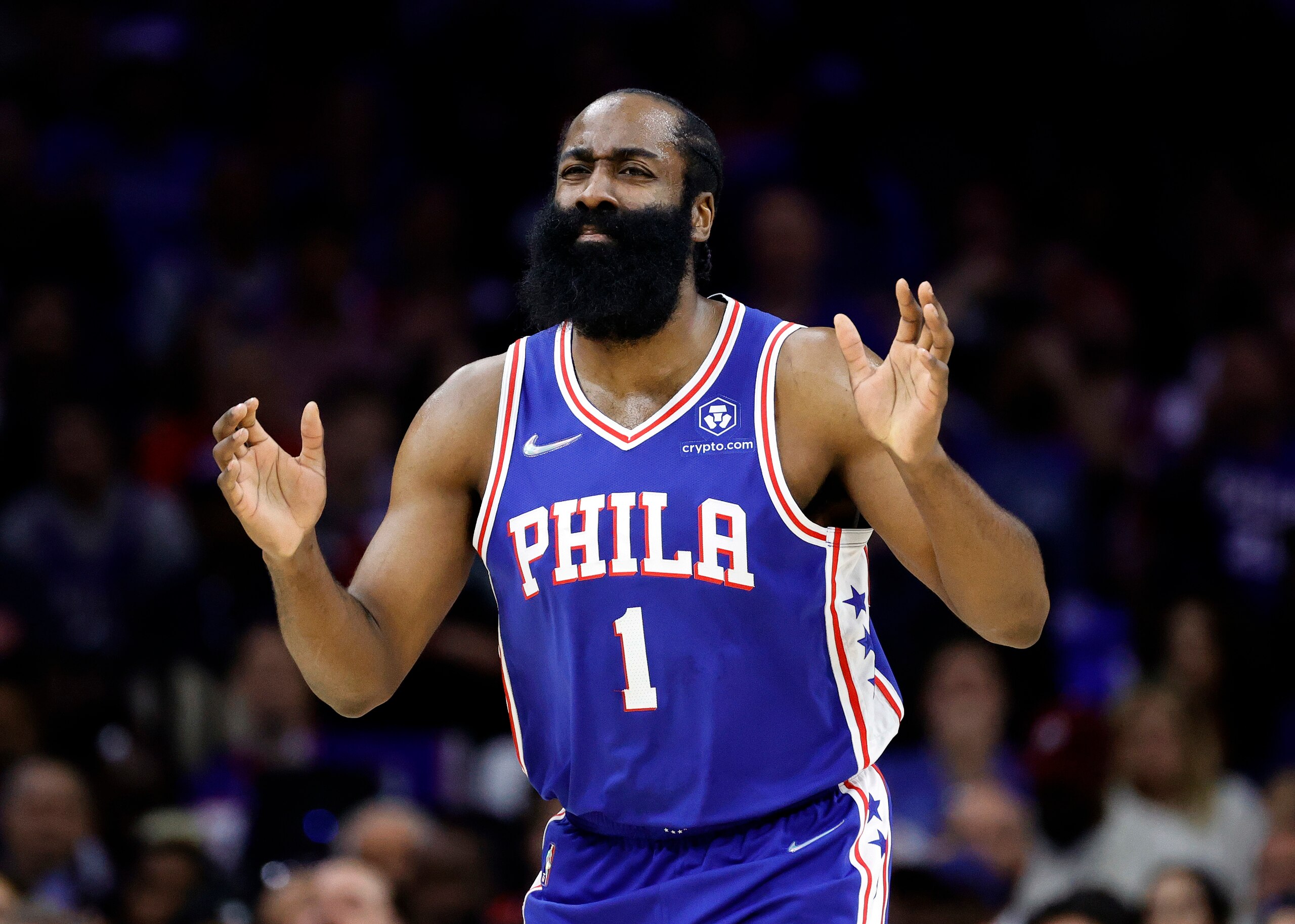 PHILADELPHIA, PENNSYLVANIA - MAY 12: James Harden #1 of the Philadelphia 76ers in Game Six of the 2022 NBA Playoffs Eastern Conference Semifinals at Wells Fargo Center on May 12, 2022 in Philadelphia, Pennsylvania. NOTE TO USER: User expressly acknowledges and agrees that, by downloading and/or using this photograph, User is consenting to the terms and conditions of the Getty Images License Agreement. (Photo by Tim Nwachukwu/Getty Images)