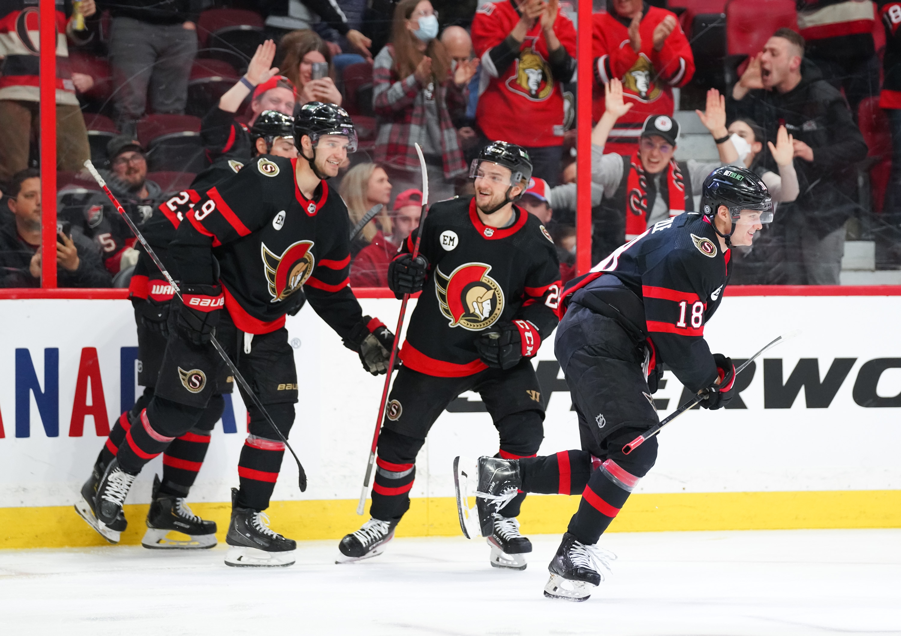 OTTAWA, ON - APRIL 26:  Tim Stützle #18 of the Ottawa Senators celebrates his shorthanded goal against the New Jersey Devils with teammates including Josh Norris #9 and Erik Brannstrom #26 at Canadian Tire Centre on April 26, 2022 in Ottawa, Ontario, Canada.  (Photo by André Ringuette/NHLI via Getty Images)