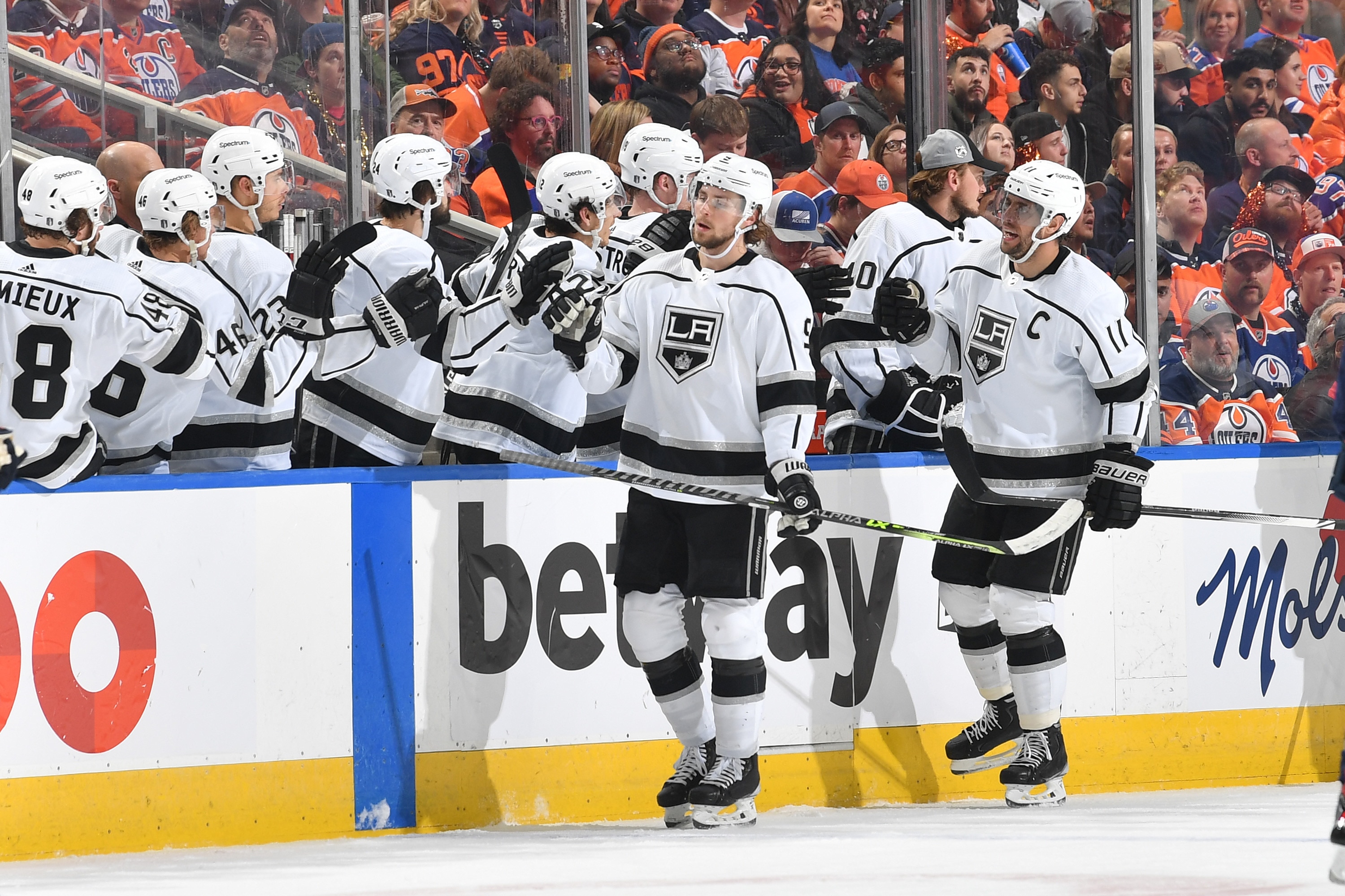 EDMONTON, AB - MAY 10: Adrian Kempe #9 and Anze Kopitar #11 of the Los Angeles Kings celebrate after a goal during Game Five of the First Round of the 2022 Stanley Cup Playoffs against the Edmonton Oilers on May 10, 2022 at Rogers Place in Edmonton, Alberta, Canada. (Photo by Andy Devlin/NHLI via Getty Images)