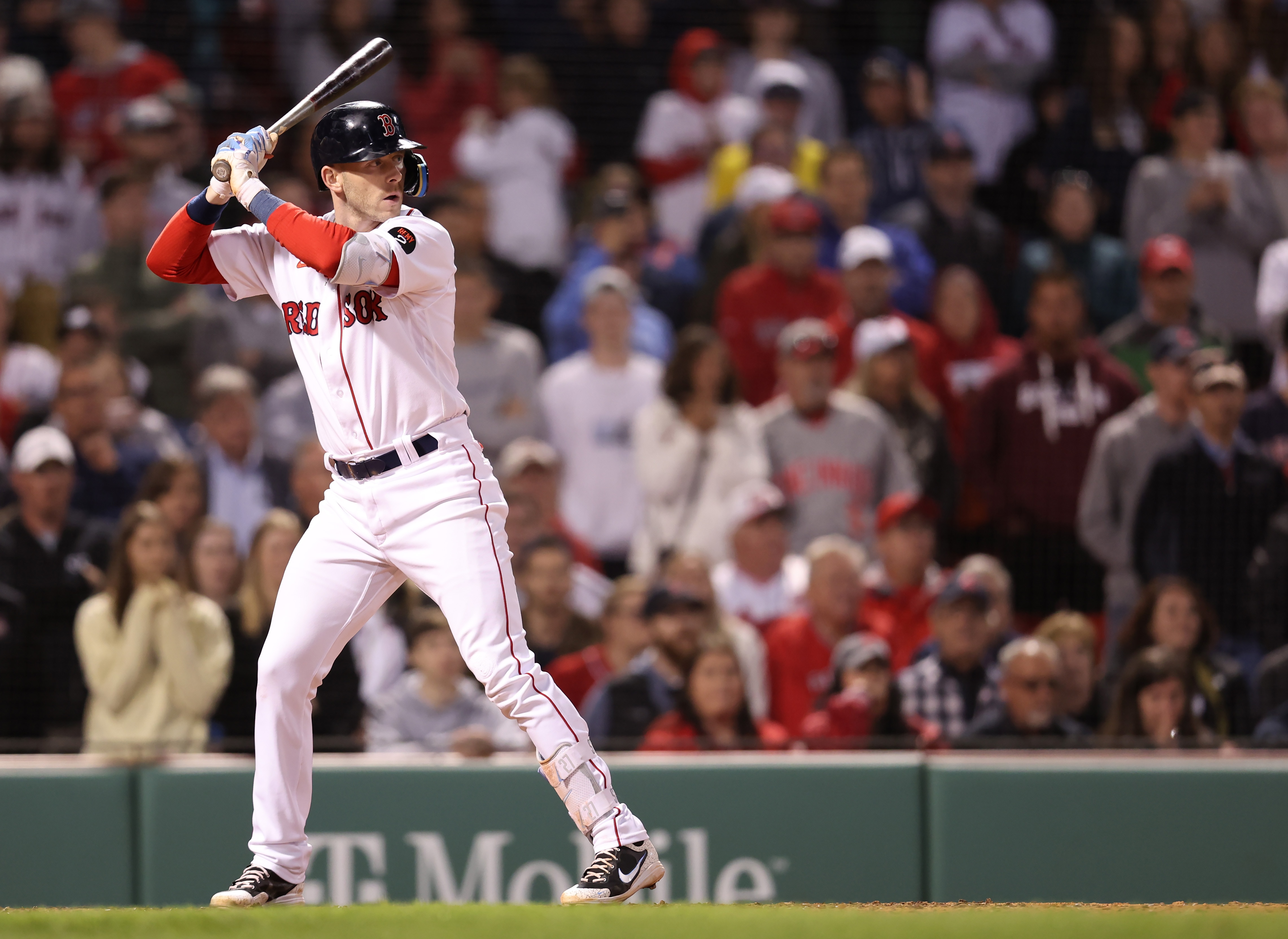 BOSTON, MASSACHUSETTS - MAY 31: Trevor Story #10 of the Boston Red Sox at bat during the ninth inning against the Cincinnati Reds at Fenway Park on May 31, 2022 in Boston, Massachusetts. The Reds defeat the Red Sox 2-1.  (Photo by Maddie Meyer/Getty Images)