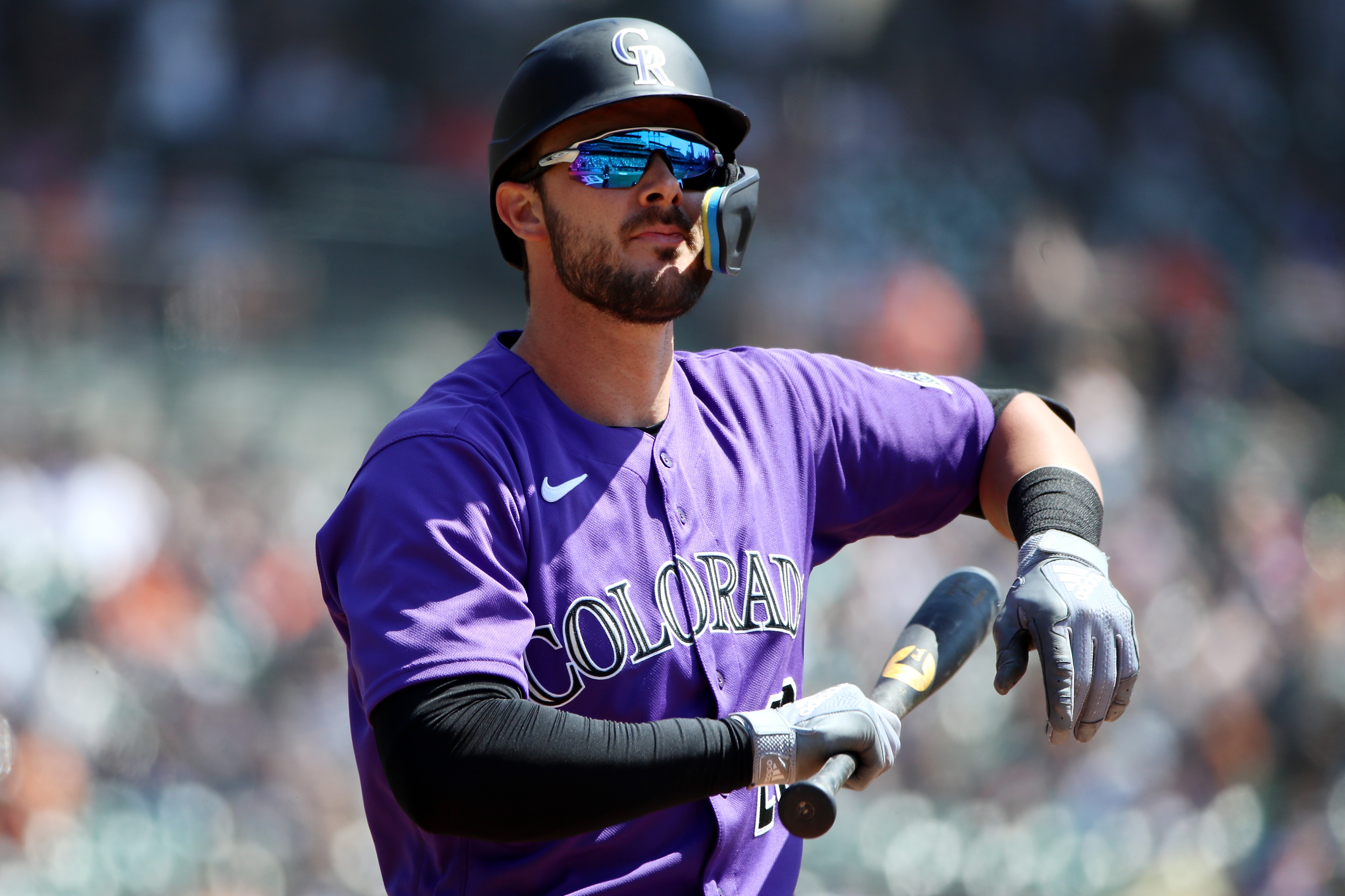 DETROIT, MICHIGAN - APRIL 23: Kris Bryant #23 of the Colorado Rockies looks on during his at bat during the first inning of Game One of a doubleheader against the Detroit Tigers at Comerica Park on April 23, 2022 in Detroit, Michigan. (Photo by Katelyn Mulcahy/Getty Images)
