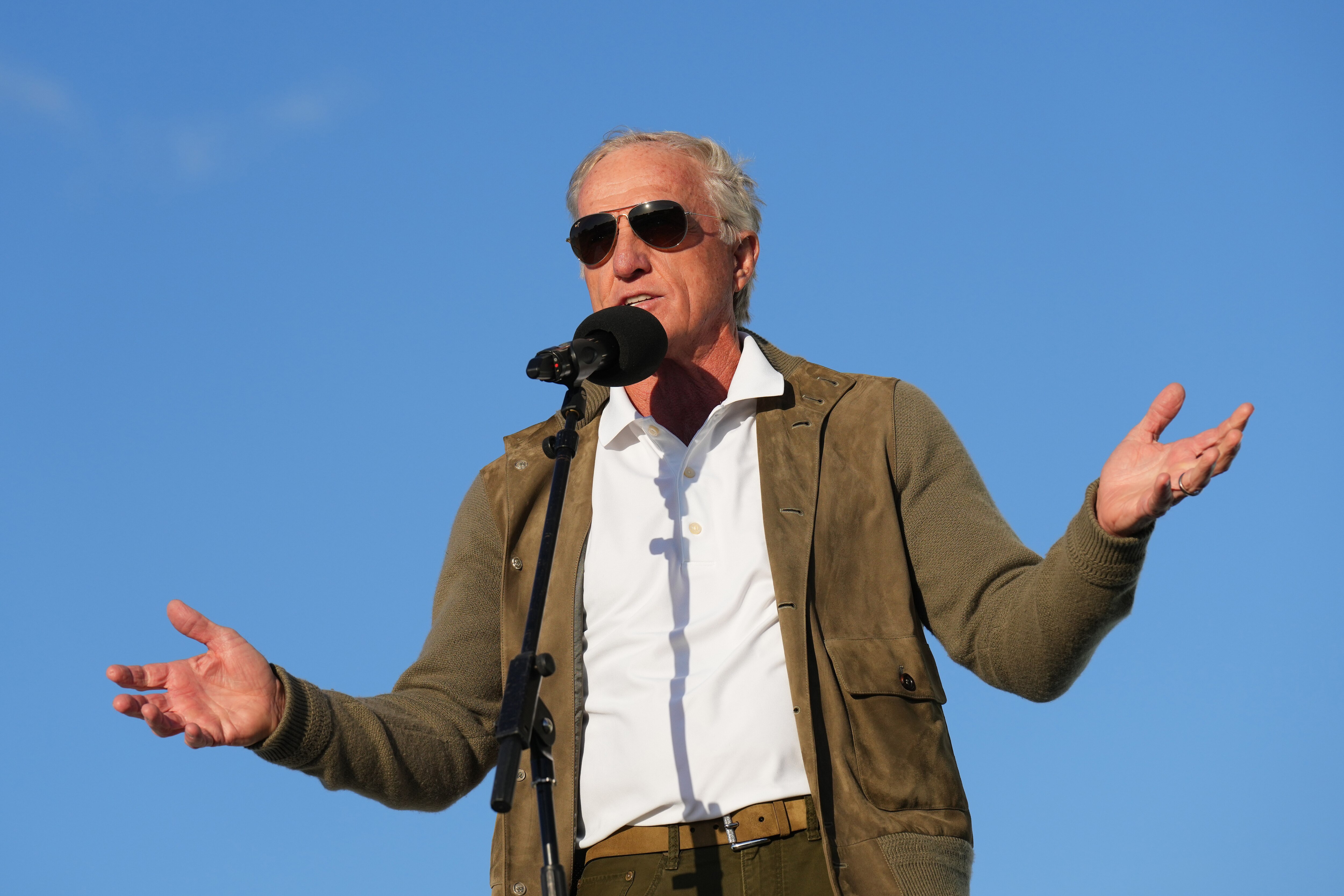 ST ALBANS, ENGLAND - JUNE 11: Greg Norman talks during the prize giving ceremony during day three of LIV Golf Invitational - London at The Centurion Club on June 11, 2022 in St Albans, England. (Photo by Aitor Alcalde/LIV Golf/Getty Images)