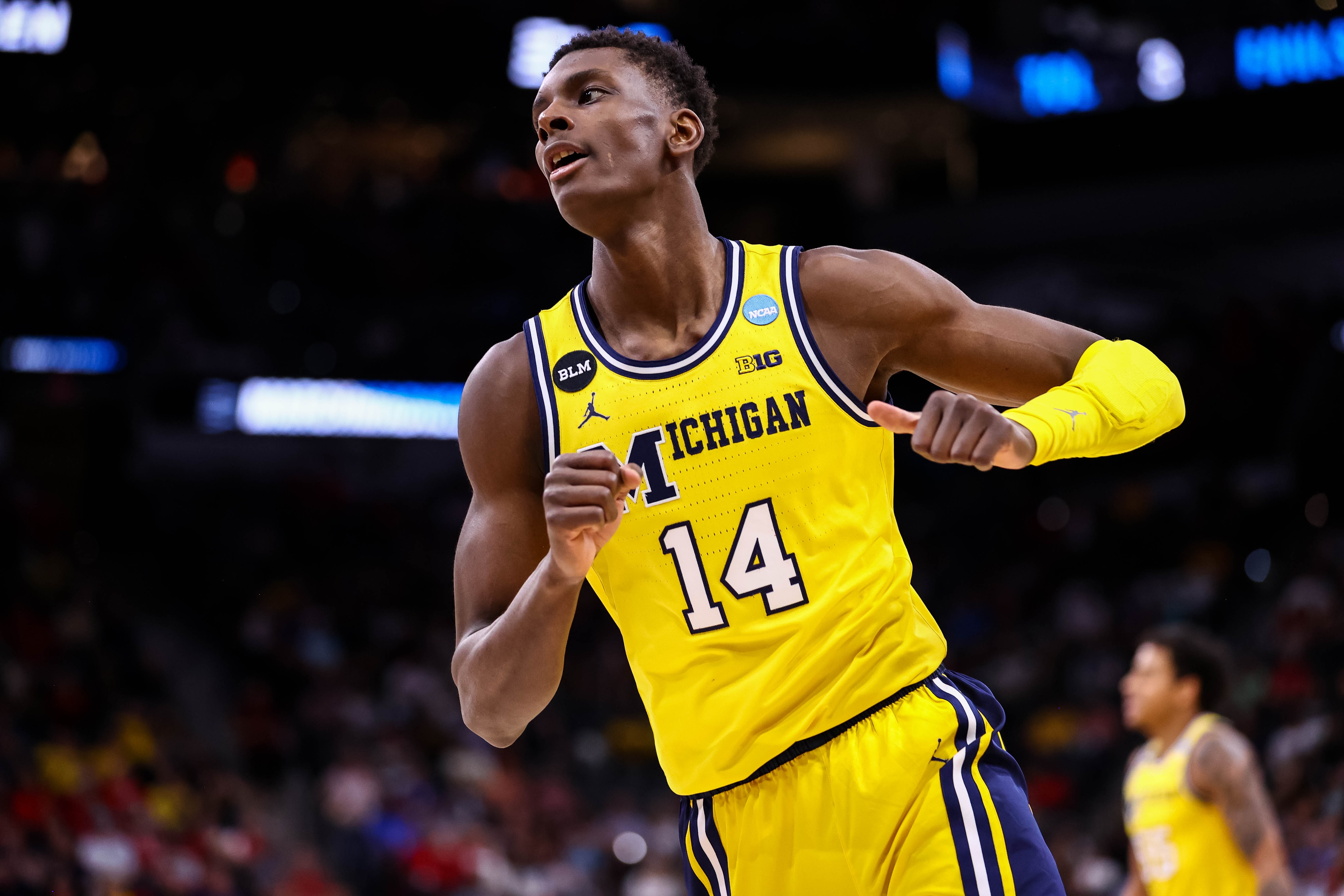 SAN ANTONIO, TX - MARCH 24: Moussa Diabate #14 of the Michigan Wolverines runs during the Sweet 16 round of the 2022 NCAA Mens Basketball Tournament held at AT&T Center on March 24, 2022 in San Antonio, Texas. (Photo by C. Morgan Engel/NCAA Photos via Getty Images)