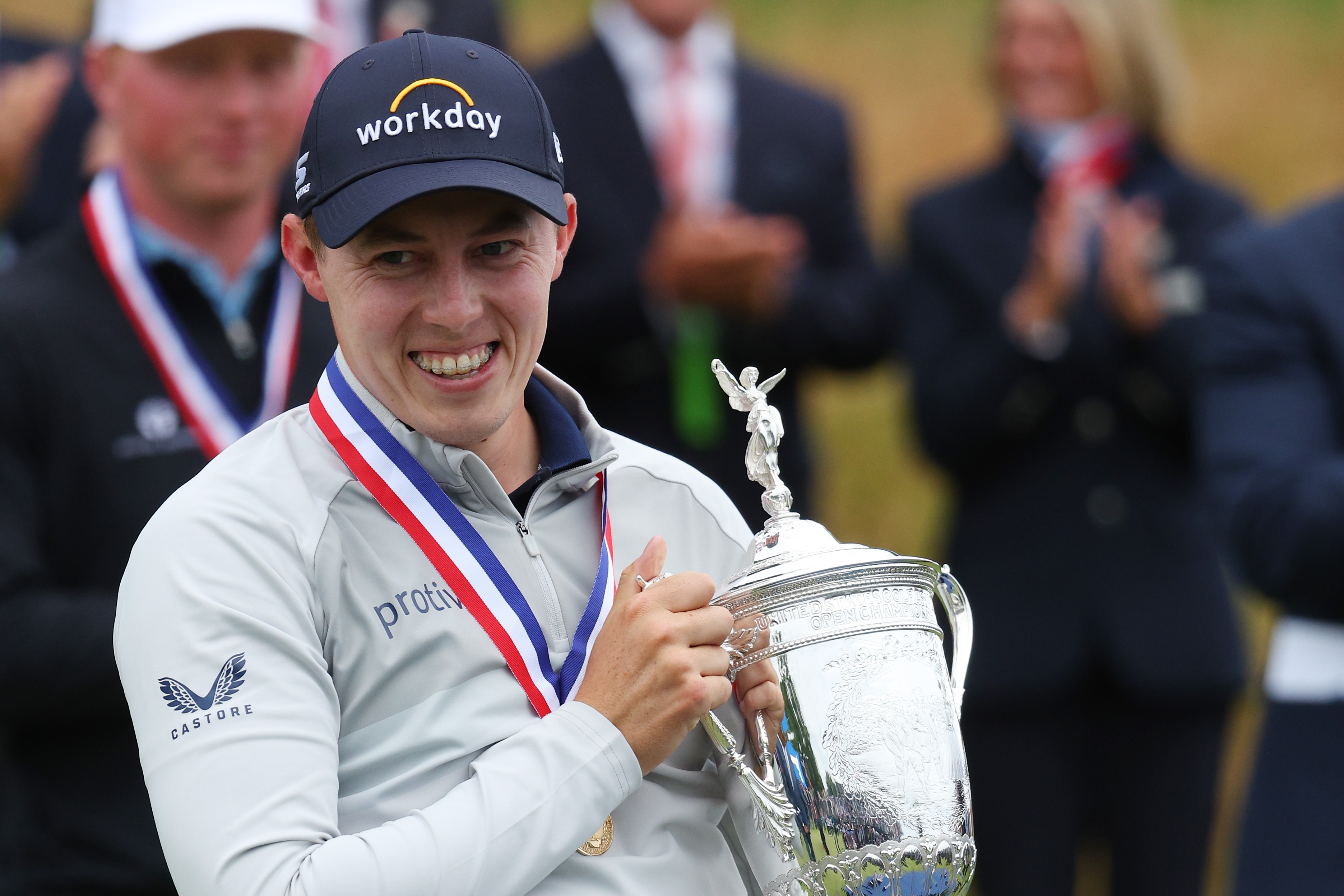 BROOKLINE, MASSACHUSETTS - JUNE 19: Matt Fitzpatrick of England celebrates with the U.S. Open Championship trophy after winning during the final round of the 122nd U.S. Open Championship at The Country Club on June 19, 2022 in Brookline, Massachusetts. (Photo by Andrew Redington/Getty Images)