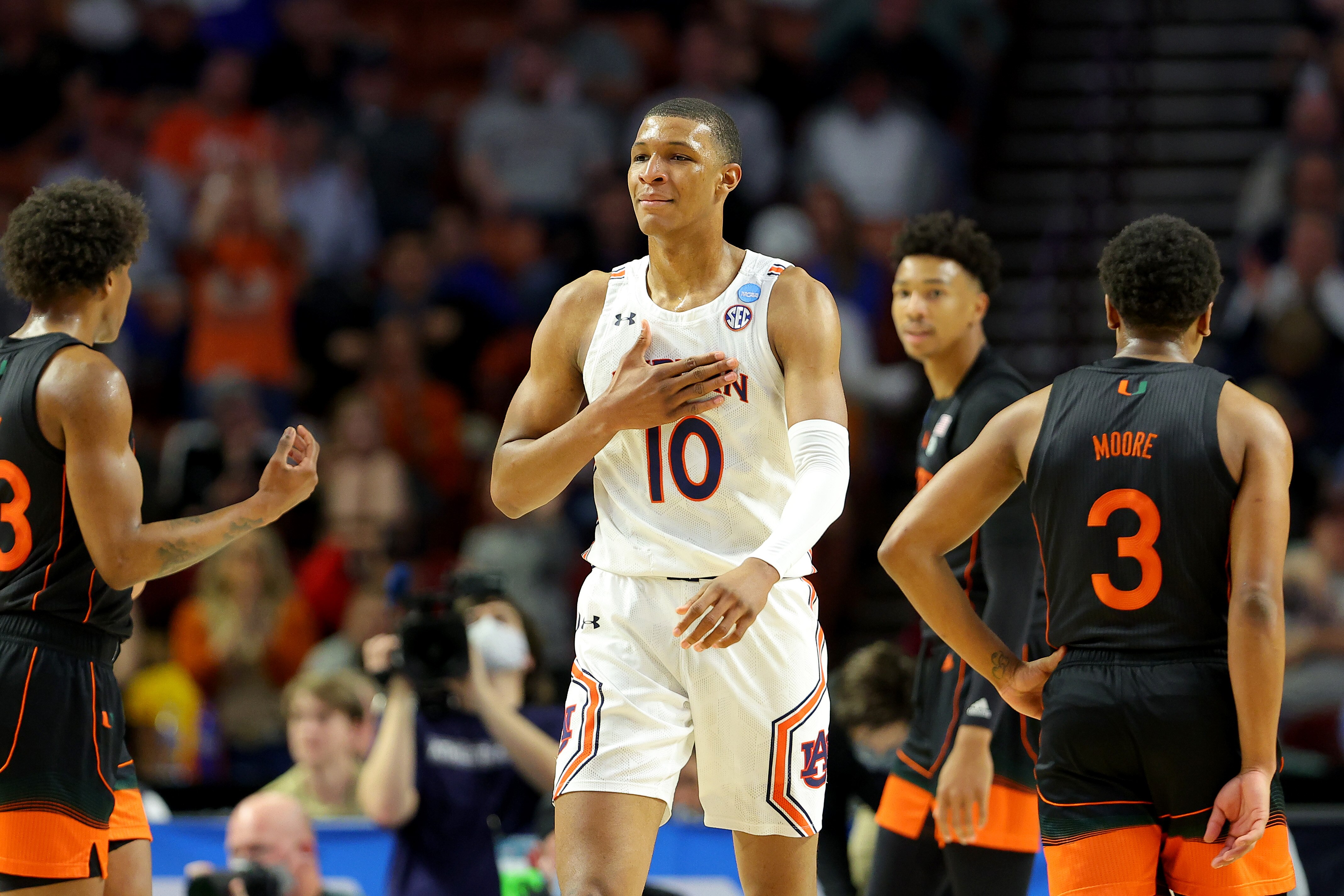 GREENVILLE, SOUTH CAROLINA - MARCH 20: Jabari Smith #10 of the Auburn Tigers reacts in the first half against the Miami (Fl) Hurricanes during the second round of the 2022 NCAA Men's Basketball Tournament at Bon Secours Wellness Arena on March 20, 2022 in Greenville, South Carolina. (Photo by Kevin C. Cox/Getty Images)