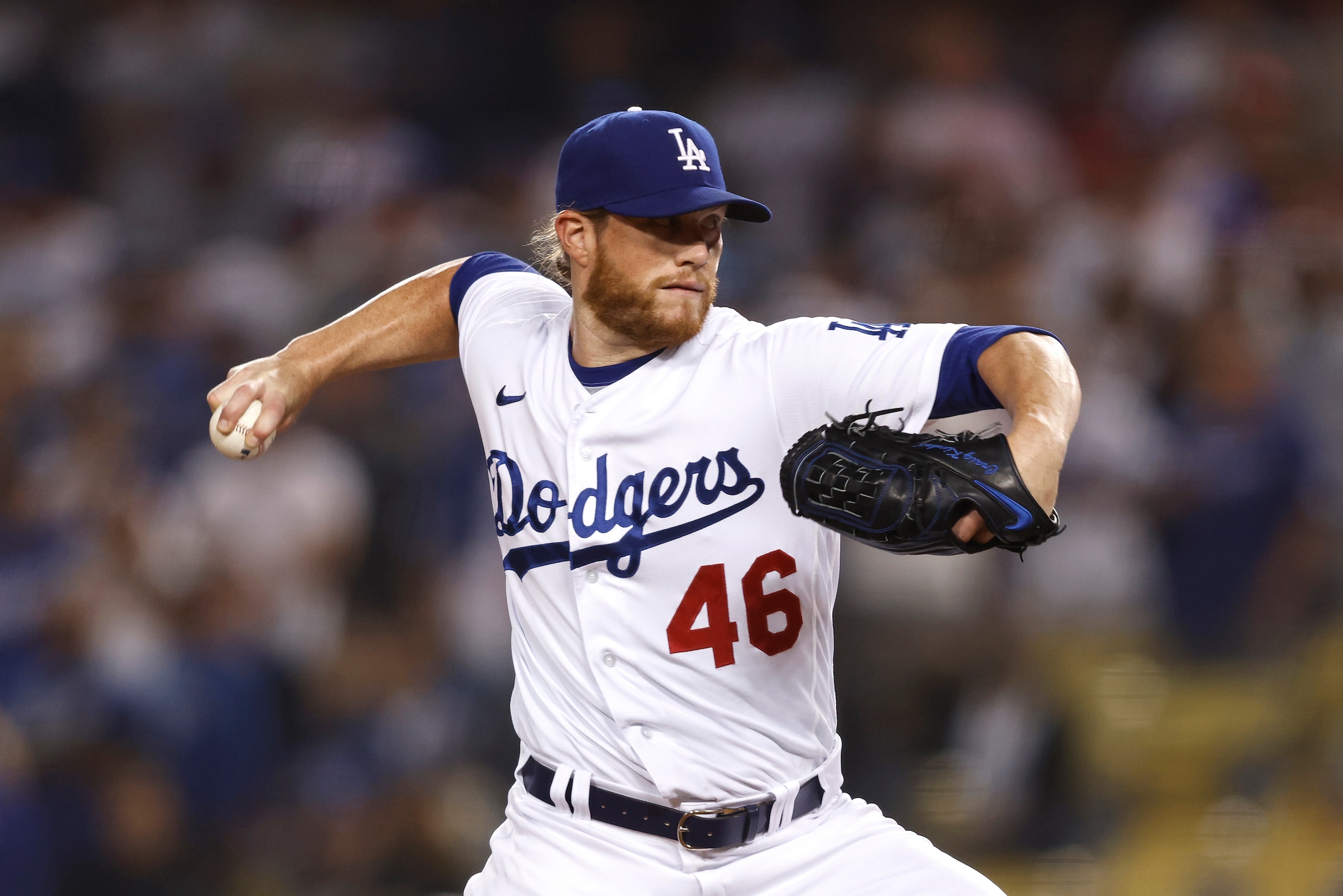 LOS ANGELES, CALIFORNIA - JUNE 15: Craig Kimbrel #46 of the Los Angeles Dodgers pitches against the Los Angeles Angels during the ninth inning at Dodger Stadium on June 15, 2022 in Los Angeles, California. The Dodgers won 4-1. (Photo by Michael Owens/Getty Images)