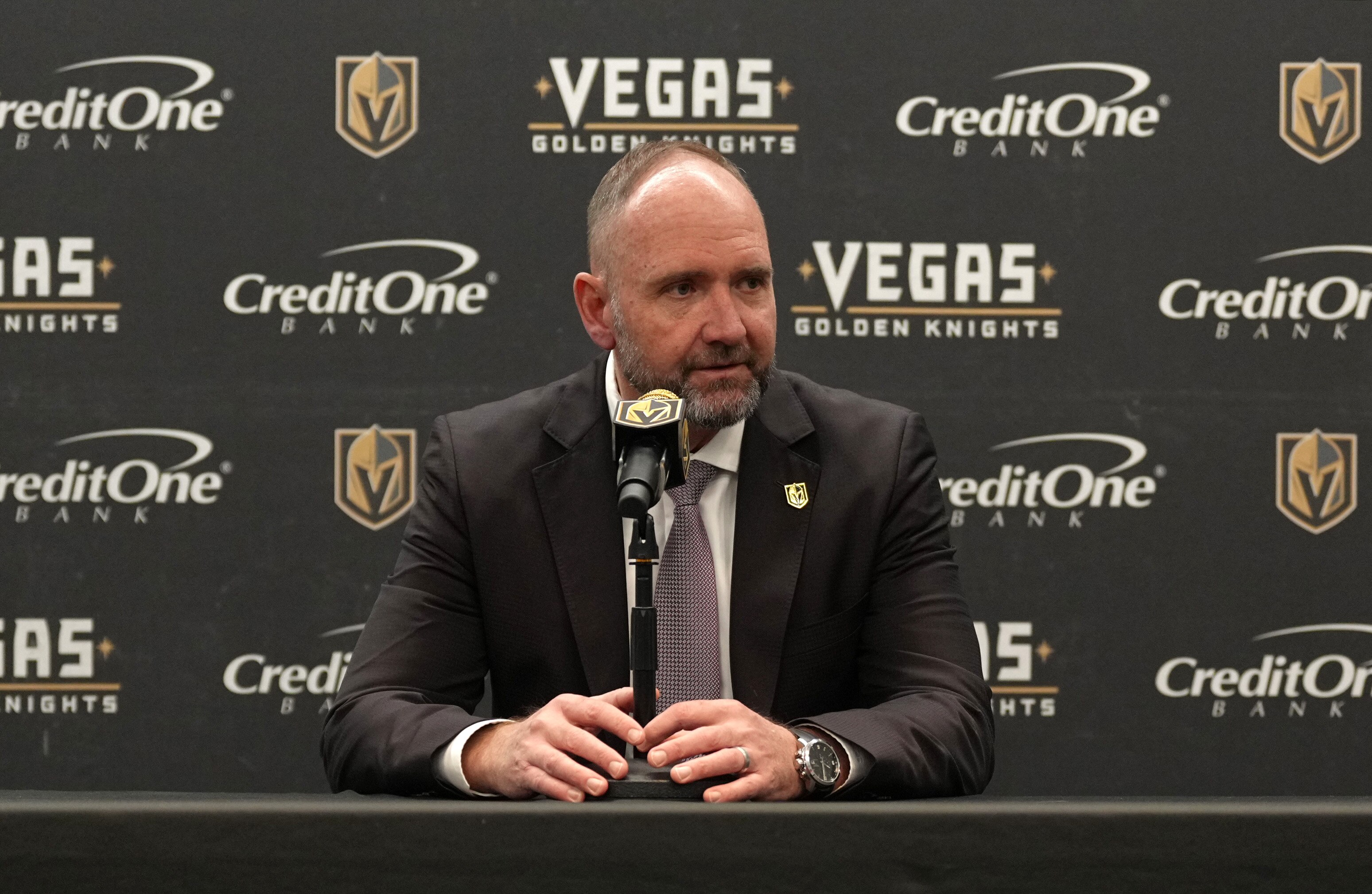 LAS VEGAS, NEVADA - APRIL 20: Vegas Golden Knights head coach Pete DeBoer speaks with the media after a victory over the Washington Capitals at T-Mobile Arena on April 20, 2022 in Las Vegas, Nevada. (Photo by Jeff Bottari/NHLI via Getty Images)