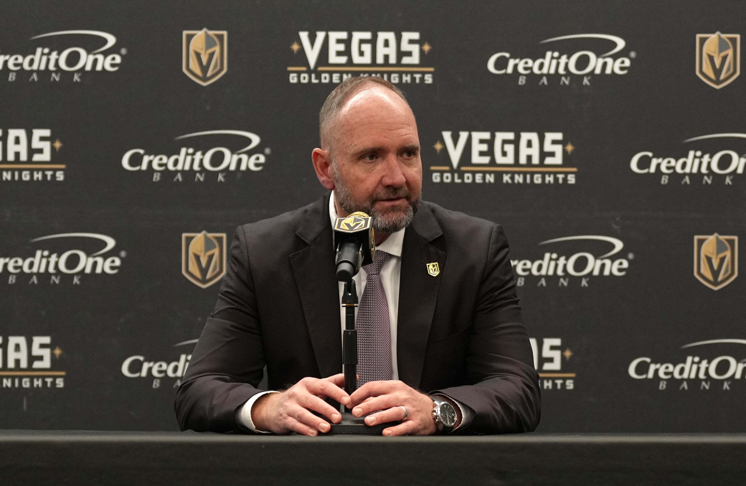 LAS VEGAS, NEVADA - APRIL 20: Vegas Golden Knights head coach Pete DeBoer speaks with the media after a victory over the Washington Capitals at T-Mobile Arena on April 20, 2022 in Las Vegas, Nevada. (Photo by Jeff Bottari/NHLI via Getty Images)