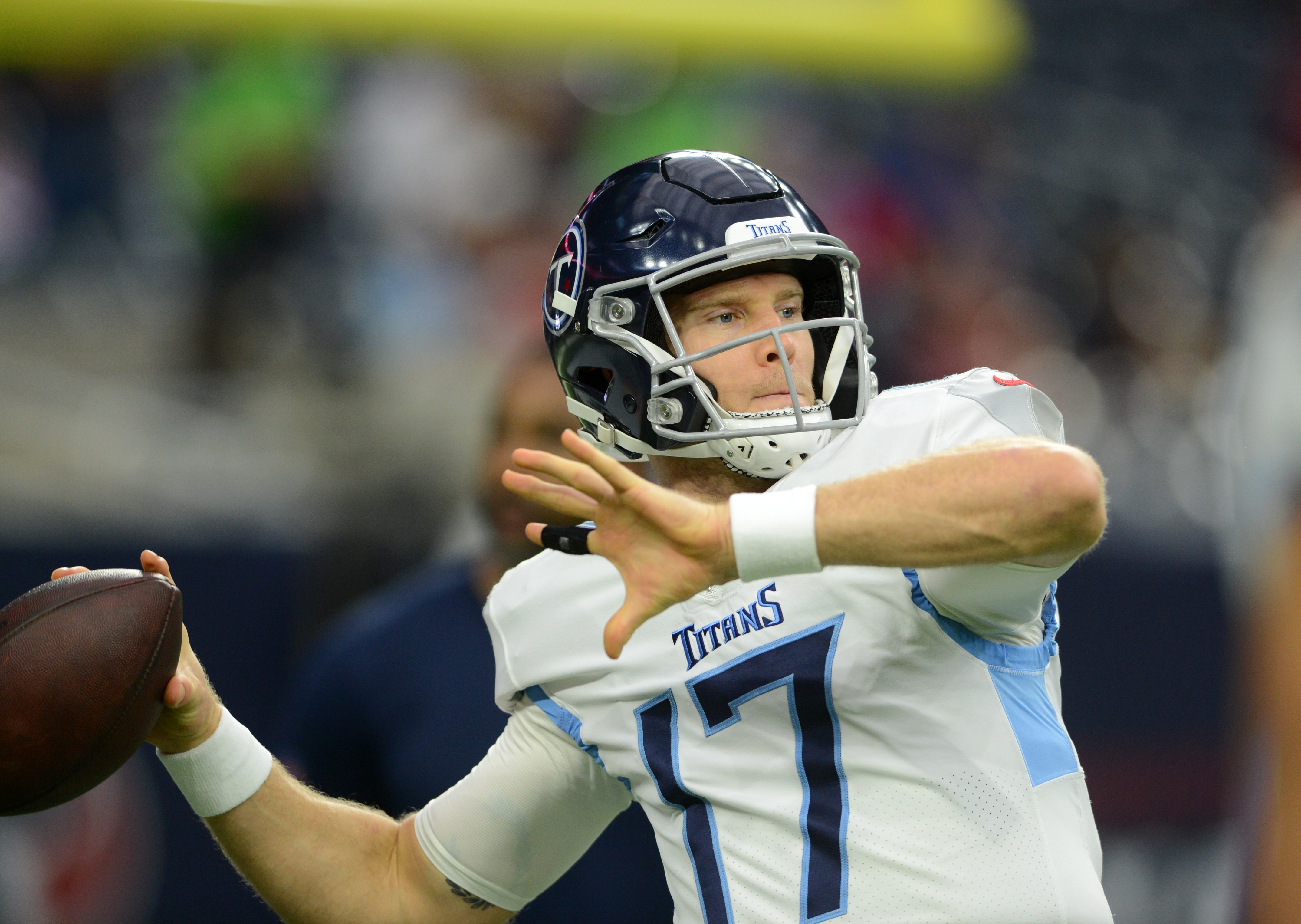 HOUSTON, TX - JANUARY 09: Tennessee Titans QB Ryan Tannehill warms up prior an NFL game featuring the Houston Texans and the Tennessee Titans on January 9, 2022 at NRG Stadium in Houston, TX. (Photo by John Rivera/Icon Sportswire via Getty Images)