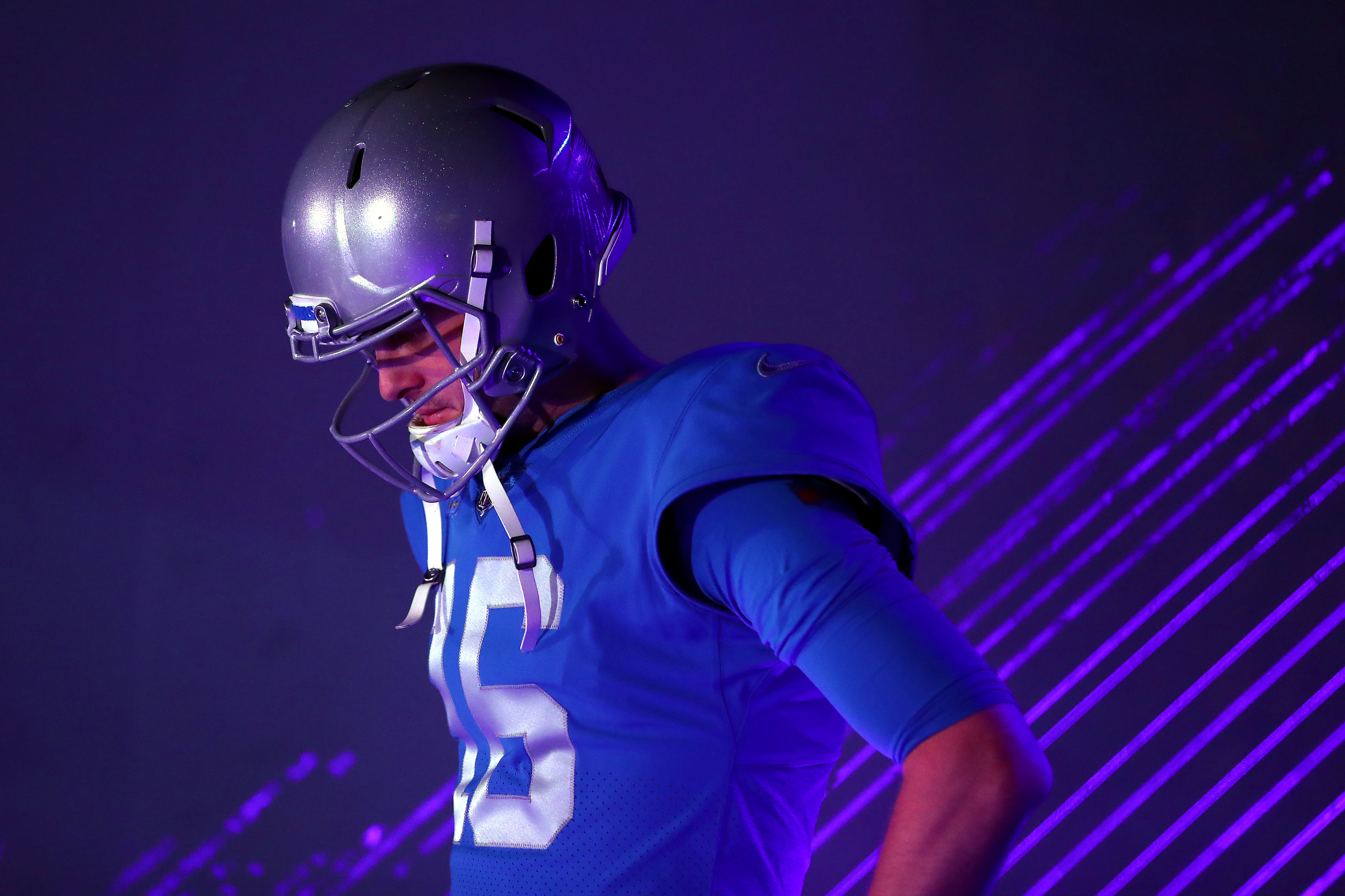DETROIT, MICHIGAN - JANUARY 09: Jared Goff #16 of the Detroit Lions prepares to take the field prior to a game against the Green Bay Packers at Ford Field on January 09, 2022 in Detroit, Michigan. (Photo by Mike Mulholland/Getty Images)