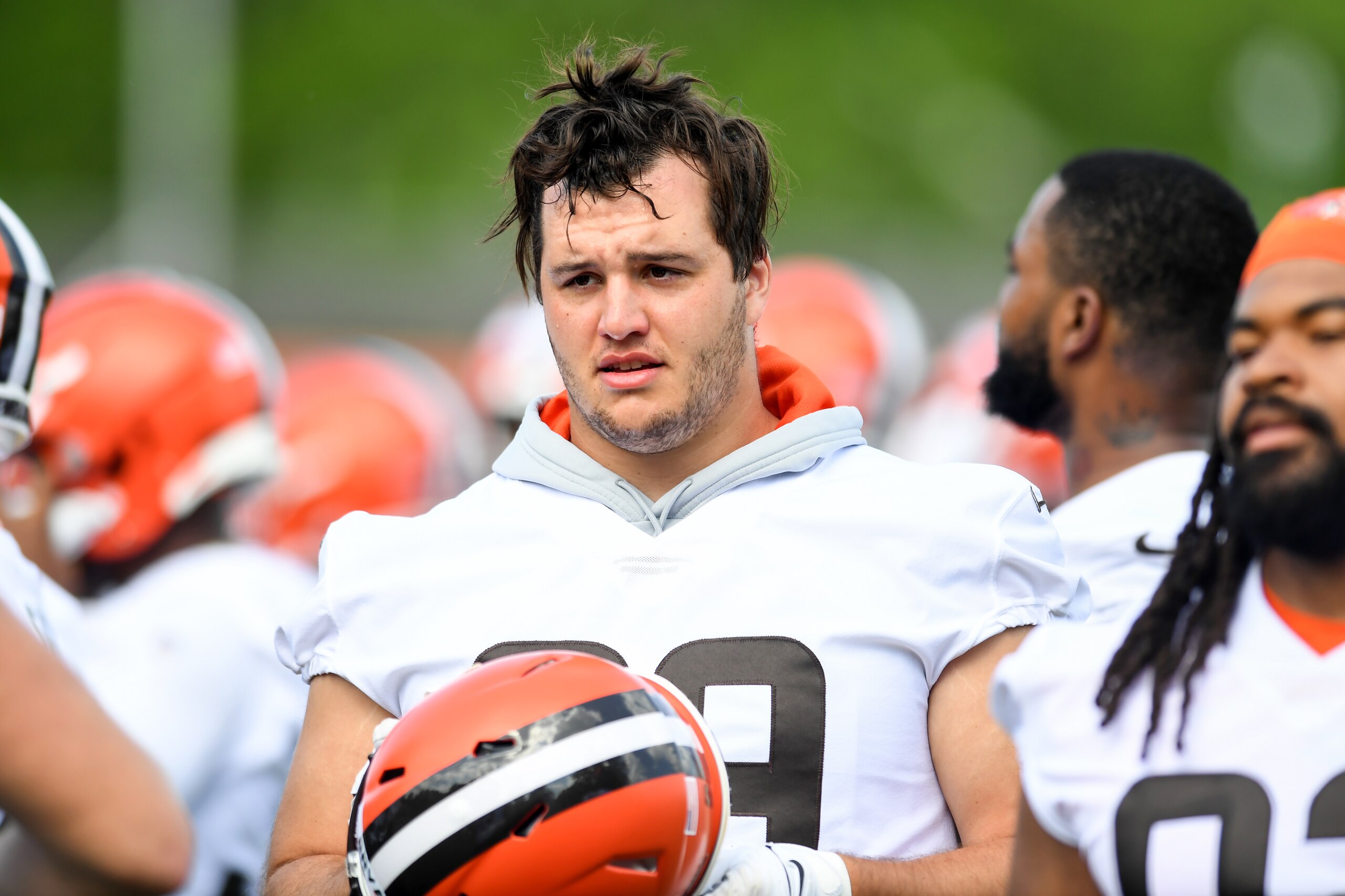 BEREA, OH - JUNE 01: Taven Bryan #99 of the Cleveland Browns looks on during the Cleveland Browns offseason workout at CrossCountry Mortgage Campus on June 1, 2022 in Berea, Ohio. (Photo by Nick Cammett/Diamond Images via Getty Images)