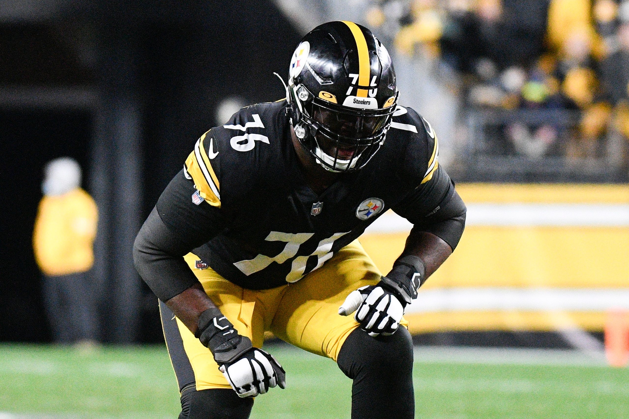 Pittsburgh Steelers offensive tackle Chukwuma Okorafor (76) plays in an NFL football game against the Cleveland Browns, Monday, Jan. 3, 2022, in Pittsburgh. (AP Photo/Don Wright)