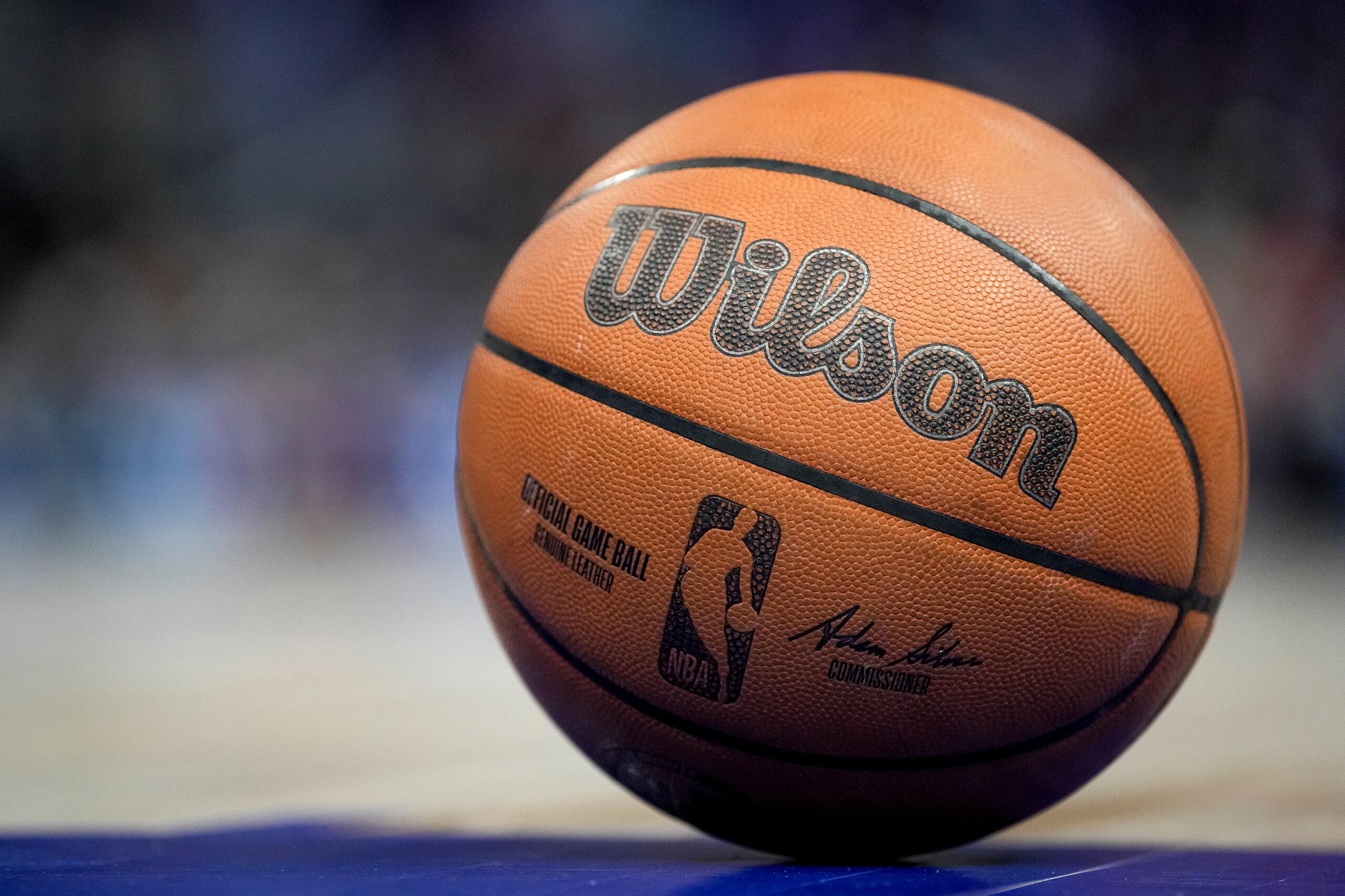 DETROIT, MICHIGAN - MARCH 31: The NBA logo is pictured on a Wilson brand basketball during the game between the Detroit Pistons and Philadelphia 76ers Little Caesars Arena on March 31, 2022 in Detroit, Michigan. NOTE TO USER: User expressly acknowledges and agrees that, by downloading and or using this photograph, User is consenting to the terms and conditions of the Getty Images License Agreement. (Photo by Nic Antaya/Getty Images)