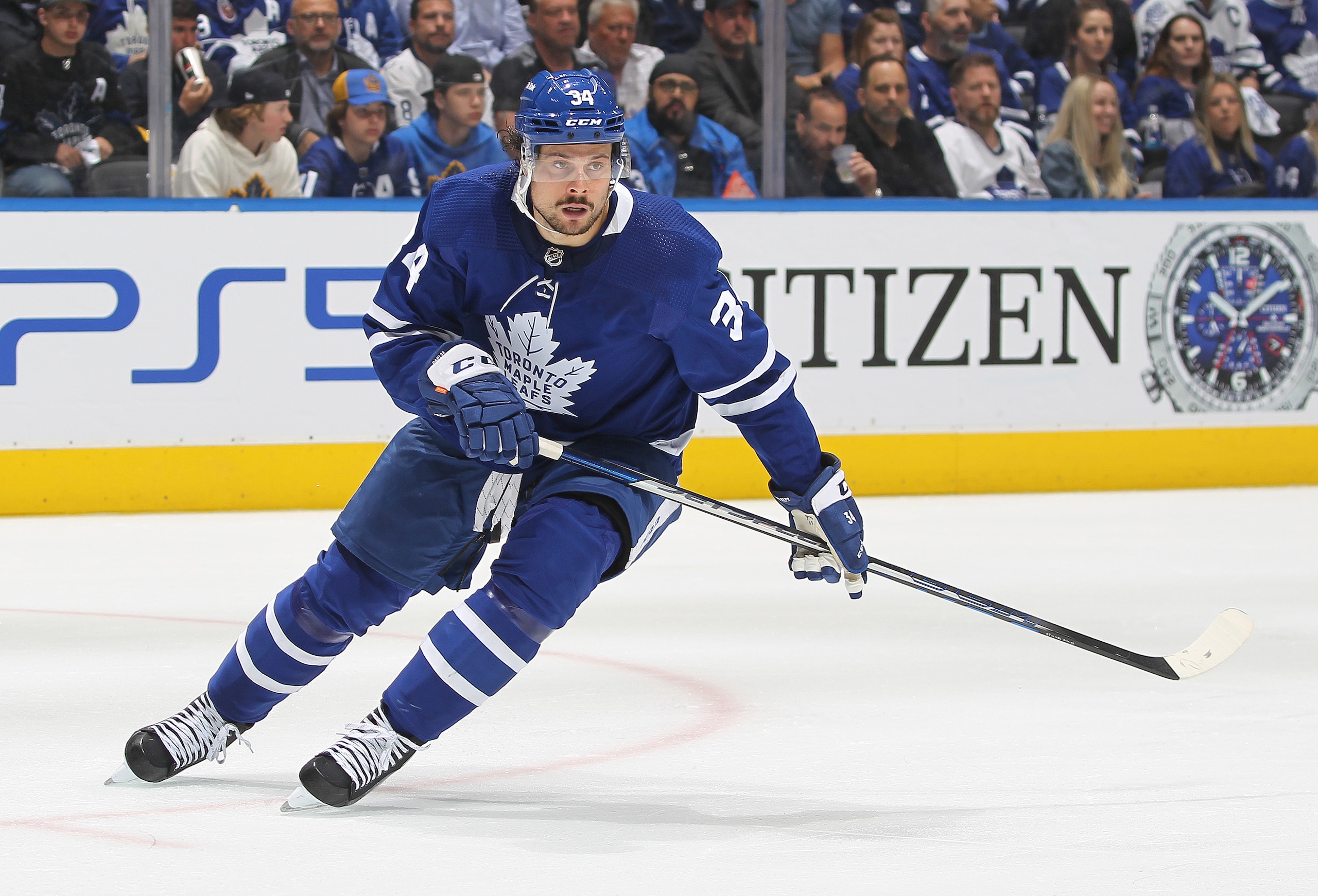 TORONTO, ON - MAY 14:  Auston Matthews #34 of the Toronto Maple Leafs skates against the Tampa Bay Lightning during Game Seven of the First Round of the 2022 Stanley Cup Play-offs at Scotiabank Arena on May 14, 2022 in Toronto, Ontario, Canada. (Photo by Claus Andersen/Getty Images)