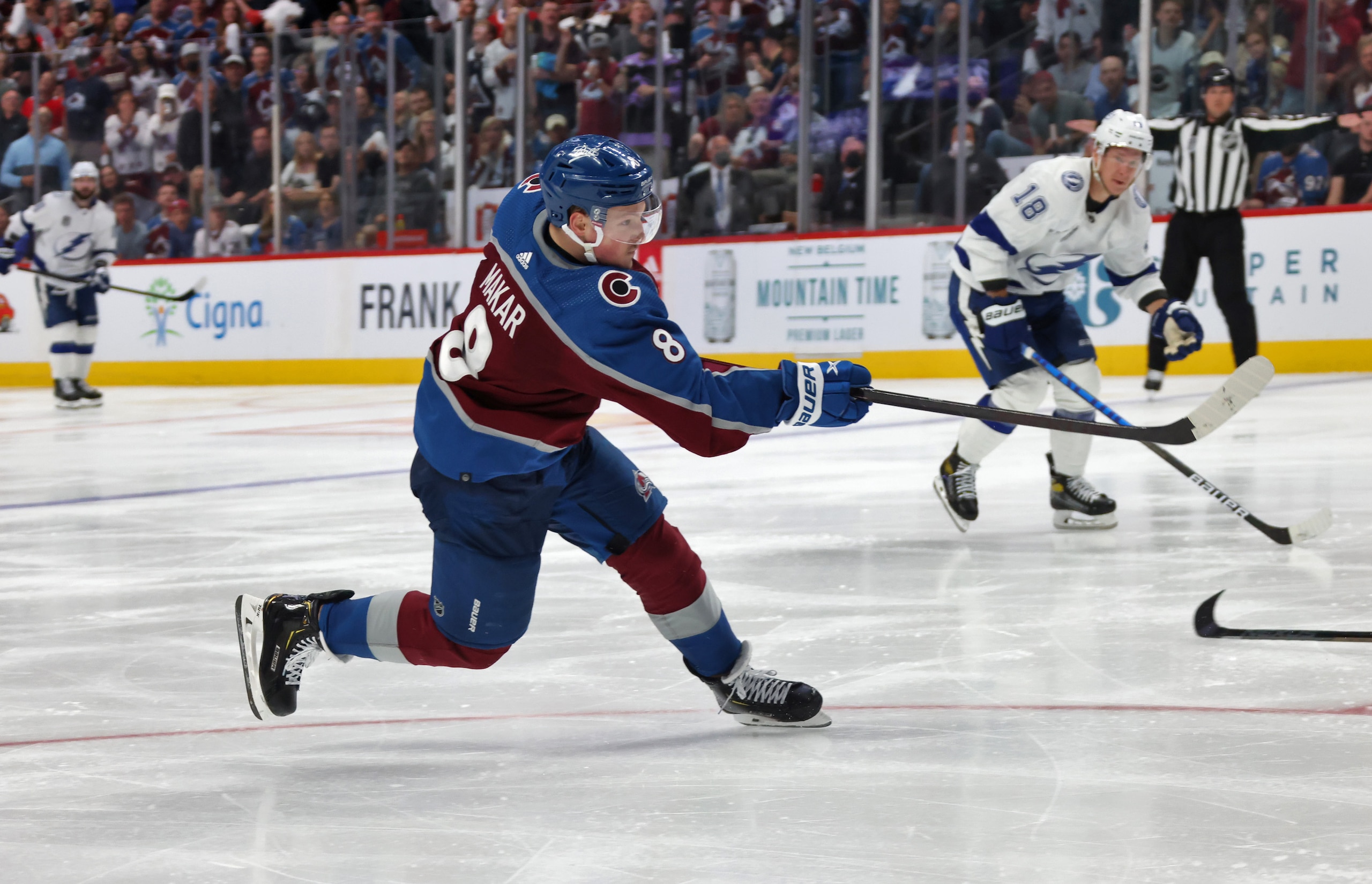 DENVER, COLORADO - JUNE 18: Cale Makar #8 of the Colorado Avalanche follows through on his shot for a shorthanded goal against the Tampa Bay Lightning in the third period of Game Two of the 2022 Stanley Cup Final at Ball Arena on June 18, 2022 in Denver, Colorado. (Photo by Dave Sandford/NHLI via Getty Images)