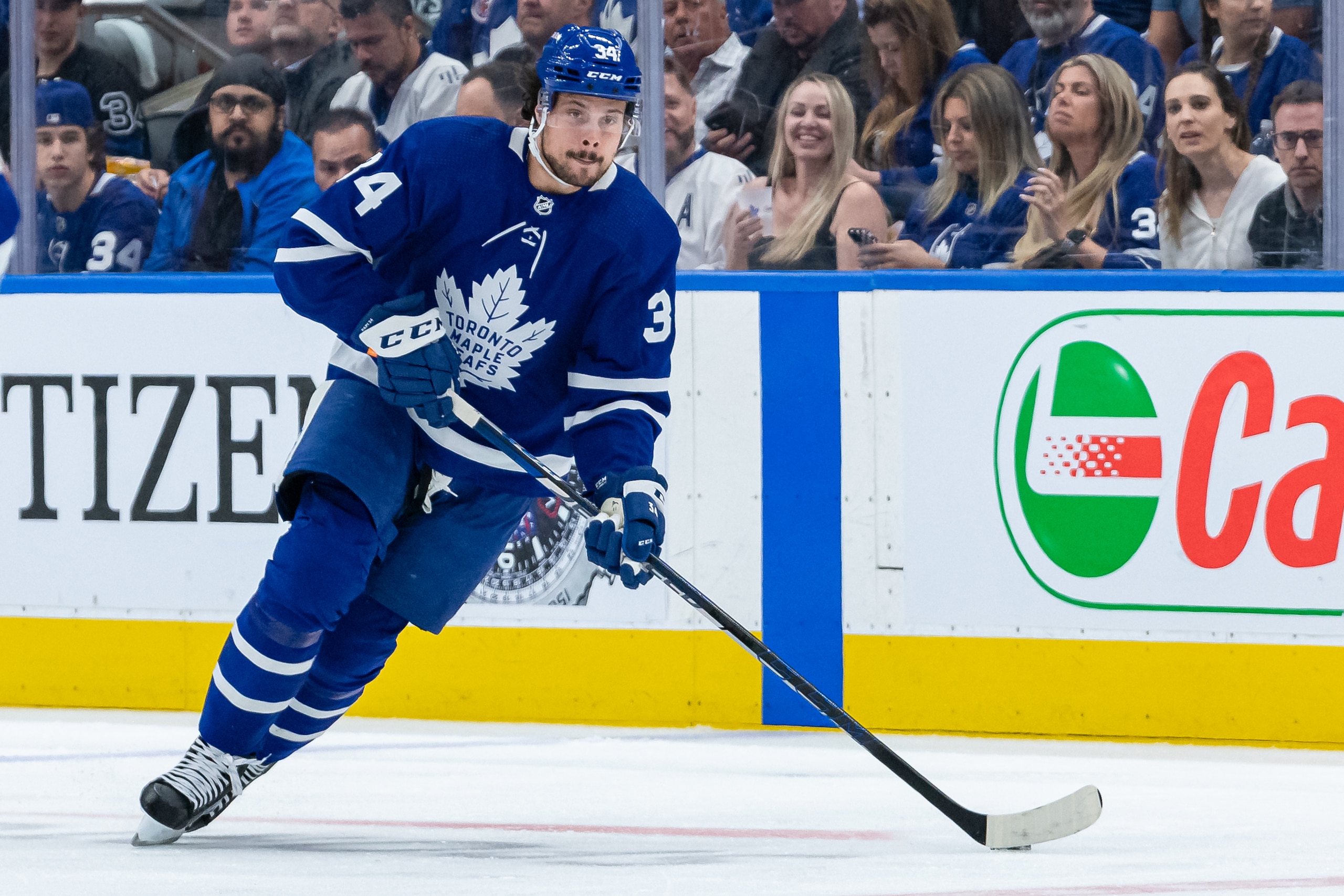 TORONTO, ON - MAY 14: Toronto Maple Leafs Center Auston Matthews (34) skates with the puck during the Round 1 NHL Stanley Cup Playoffs Game 7 between the Tampa Bay Lightning and the Toronto Maple Leafs on May 14, 2022, at Scotiabank Arena in Toronto, ON, Canada. (Photo by Julian Avram/Icon Sportswire via Getty Images)