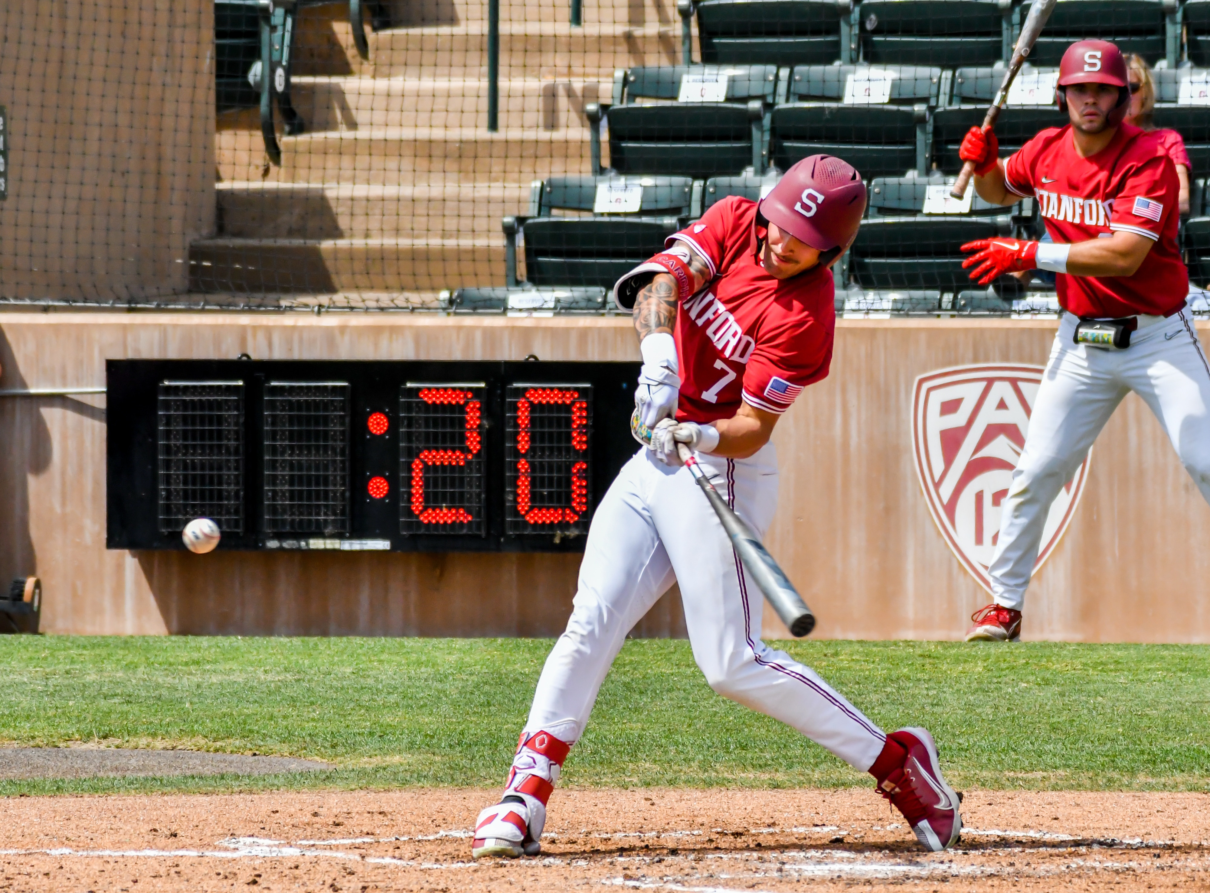 STANFORD, CA - APRIL 10: Stanford center fielder Brock Jones (7) lines up for a pitch that gets driven over the right field wall during the game between the Arizona State Sun Devils and the Stanford Cardinal on Sunday, April 10, 2022 at Klein Field in Palo Alto, California. (Photo by Douglas Stringer/Icon Sportswire via Getty Images)