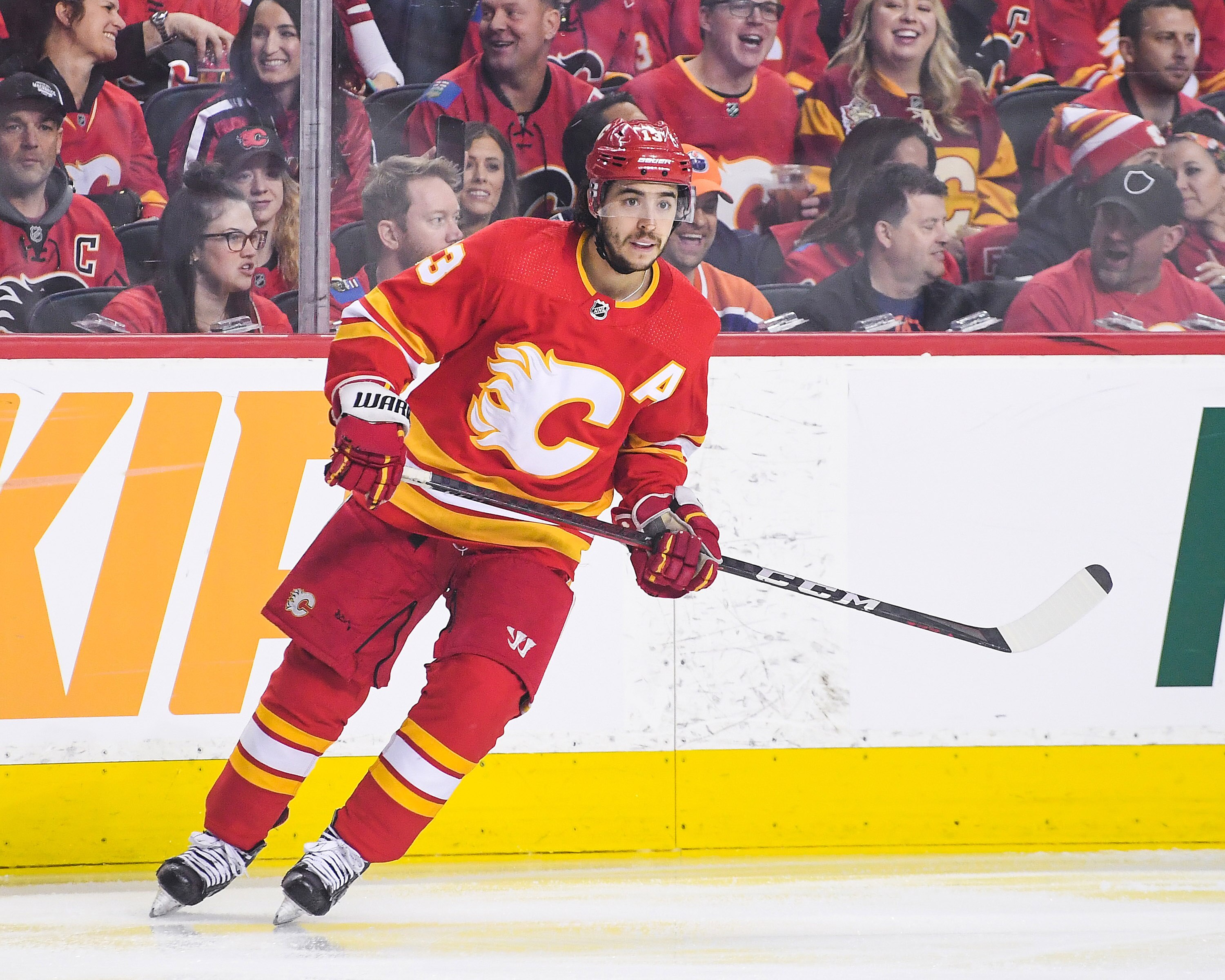 CALGARY, AB - MAY 20: Johnny Gaudreau #13 of the Calgary Flames  in action against the Edmonton Oilers during Game Two of the Second Round of the 2022 Stanley Cup Playoffs at Scotiabank Saddledome on May 20, 2022 in Calgary, Alberta, Canada. The Oilers defeated the Flames 5-3. (Photo by Derek Leung/Getty Images)