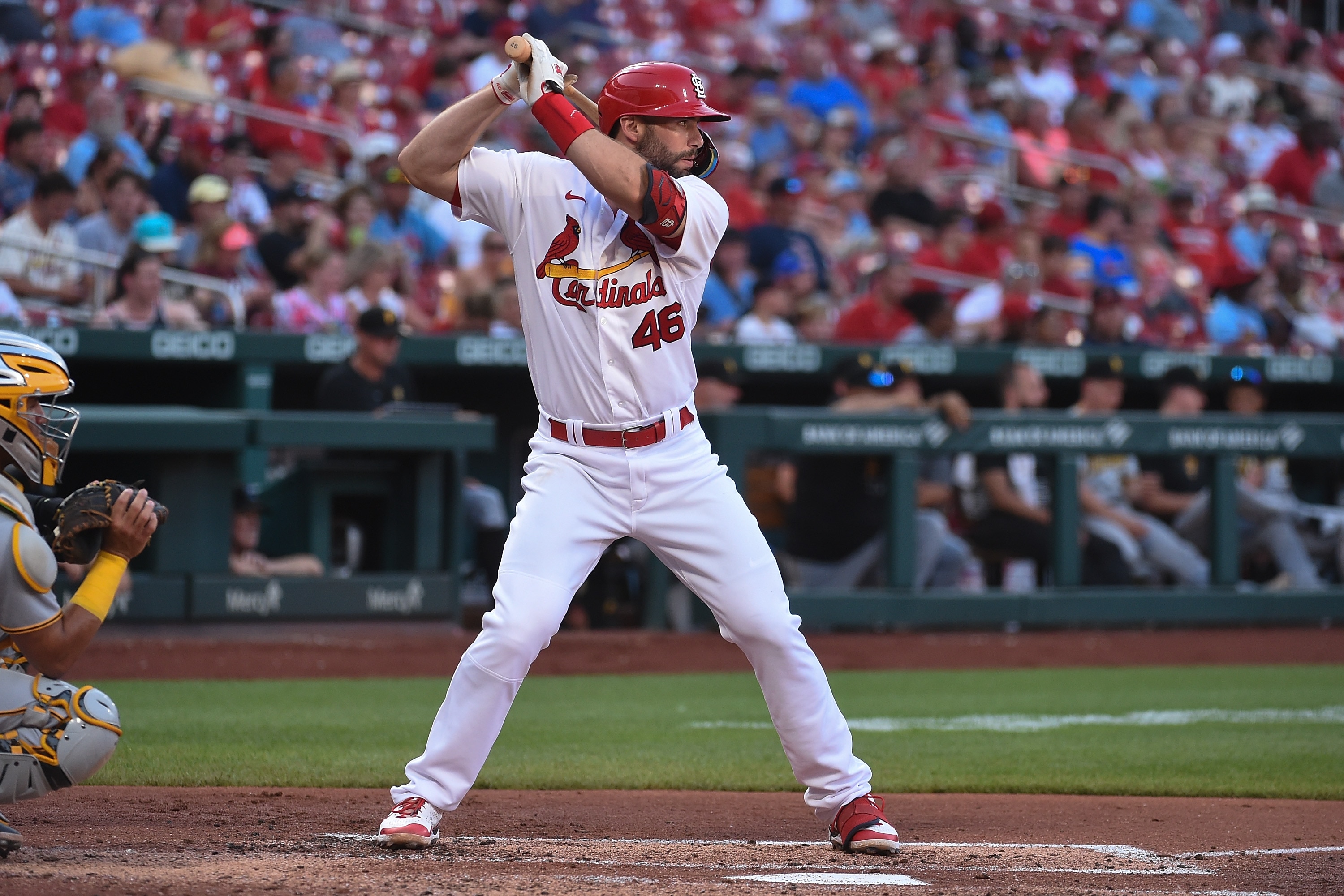 ST LOUIS, MO - JUNE 14: Paul Goldschmidt #46 of the St. Louis Cardinals at bat against the Pittsburgh Pirates during the second game of a double header at Busch Stadium on June 14, 2022 in St Louis, Missouri. (Photo by Joe Puetz/Getty Images)