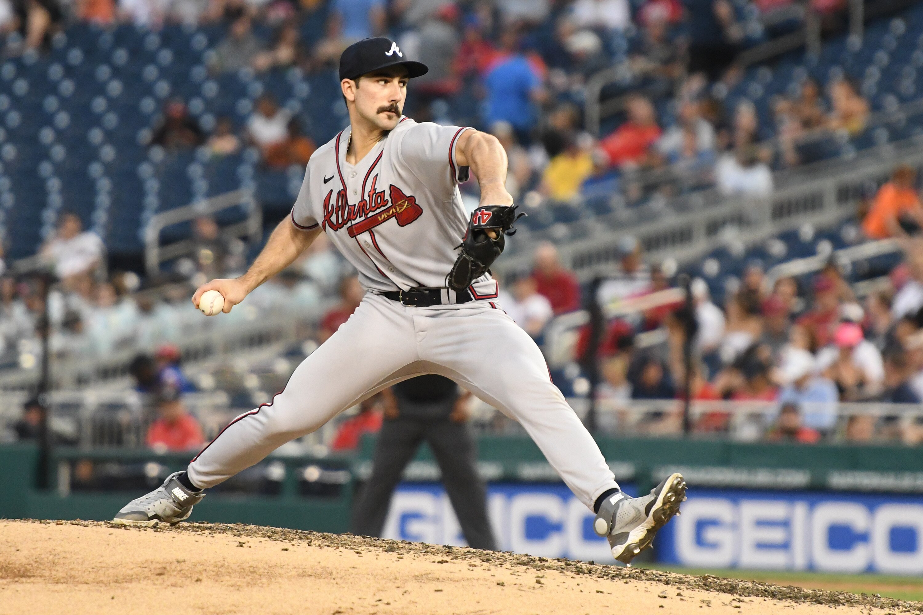 WASHINGTON, DC - JUNE 15:  Spencer Strider #65 of the Atlanta Braves pitches in the fourth inning during a baseball game against the Washington Nationals at Nationals Park on June 15, 2022 in Washington, DC.  (Photo by Mitchell Layton/Getty Images)