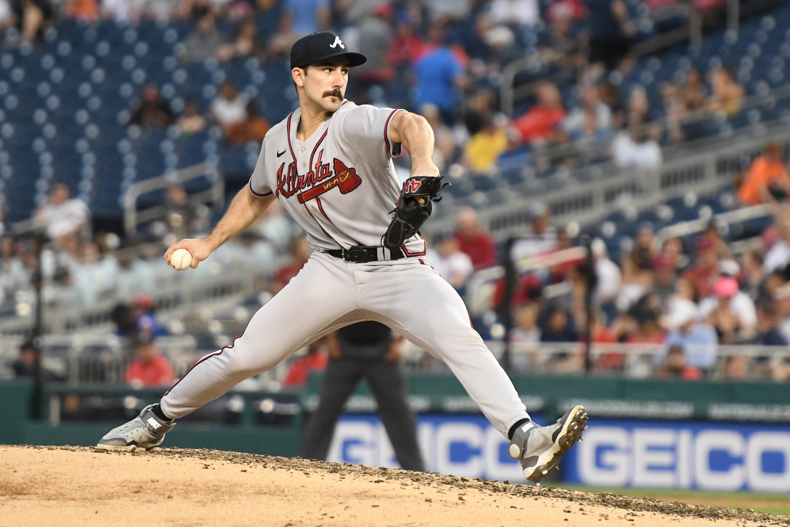 WASHINGTON, DC - JUNE 15:  Spencer Strider #65 of the Atlanta Braves pitches in the fourth inning during a baseball game against the Washington Nationals at Nationals Park on June 15, 2022 in Washington, DC.  (Photo by Mitchell Layton/Getty Images)
