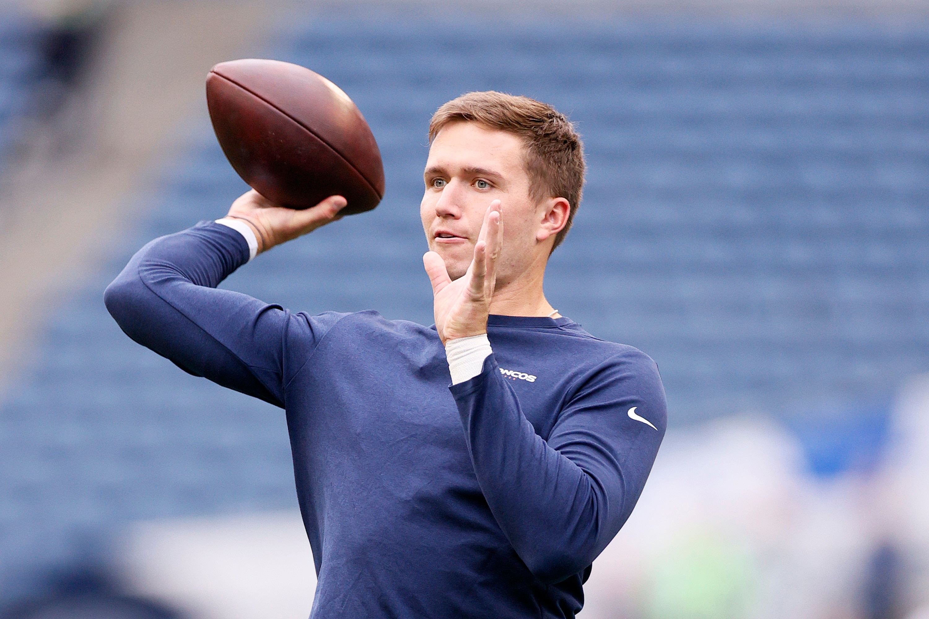 SEATTLE, WASHINGTON - AUGUST 21: Quarterback Drew Lock #3 of the Denver Broncos warms up before an NFL preseason game against the Seattle Seahawks at Lumen Field on August 21, 2021 in Seattle, Washington. (Photo by Steph Chambers/Getty Images)