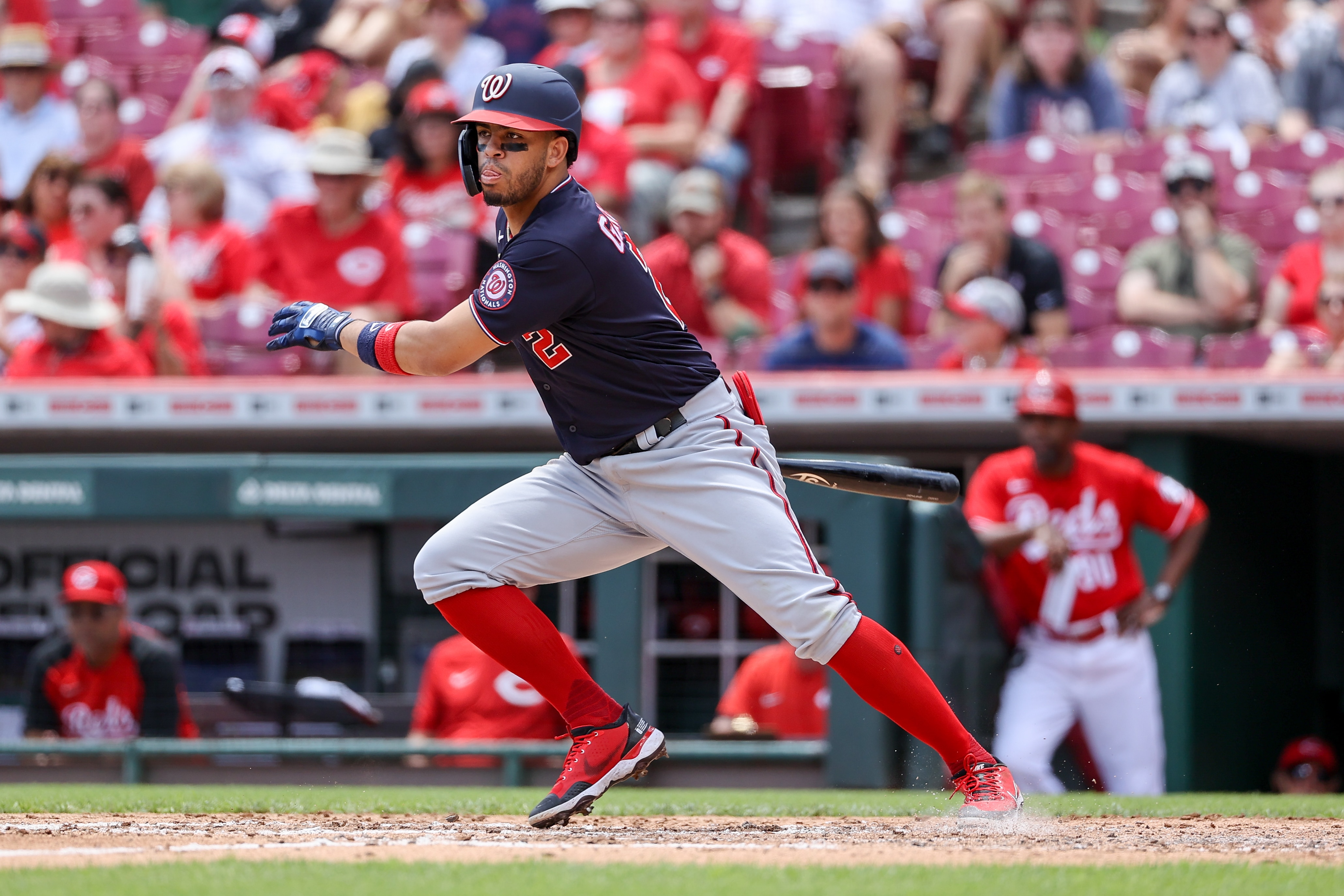 CINCINNATI, OHIO - JUNE 05: Luis Garcia #2 of the Washington Nationals grounds out in the second inning against the Cincinnati Reds at Great American Ball Park on June 05, 2022 in Cincinnati, Ohio. (Photo by Dylan Buell/Getty Images)