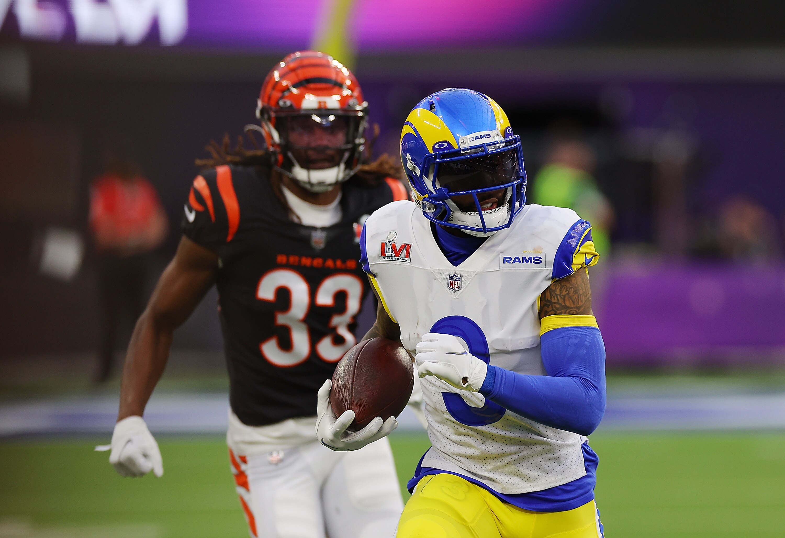 INGLEWOOD, CALIFORNIA - FEBRUARY 13: Odell Beckham Jr. #3 of the Los Angeles Rams runs with the ball in the second quarter during Super Bowl LVI against the Cincinnati Bengals at SoFi Stadium on February 13, 2022 in Inglewood, California. (Photo by Kevin C. Cox/Getty Images)