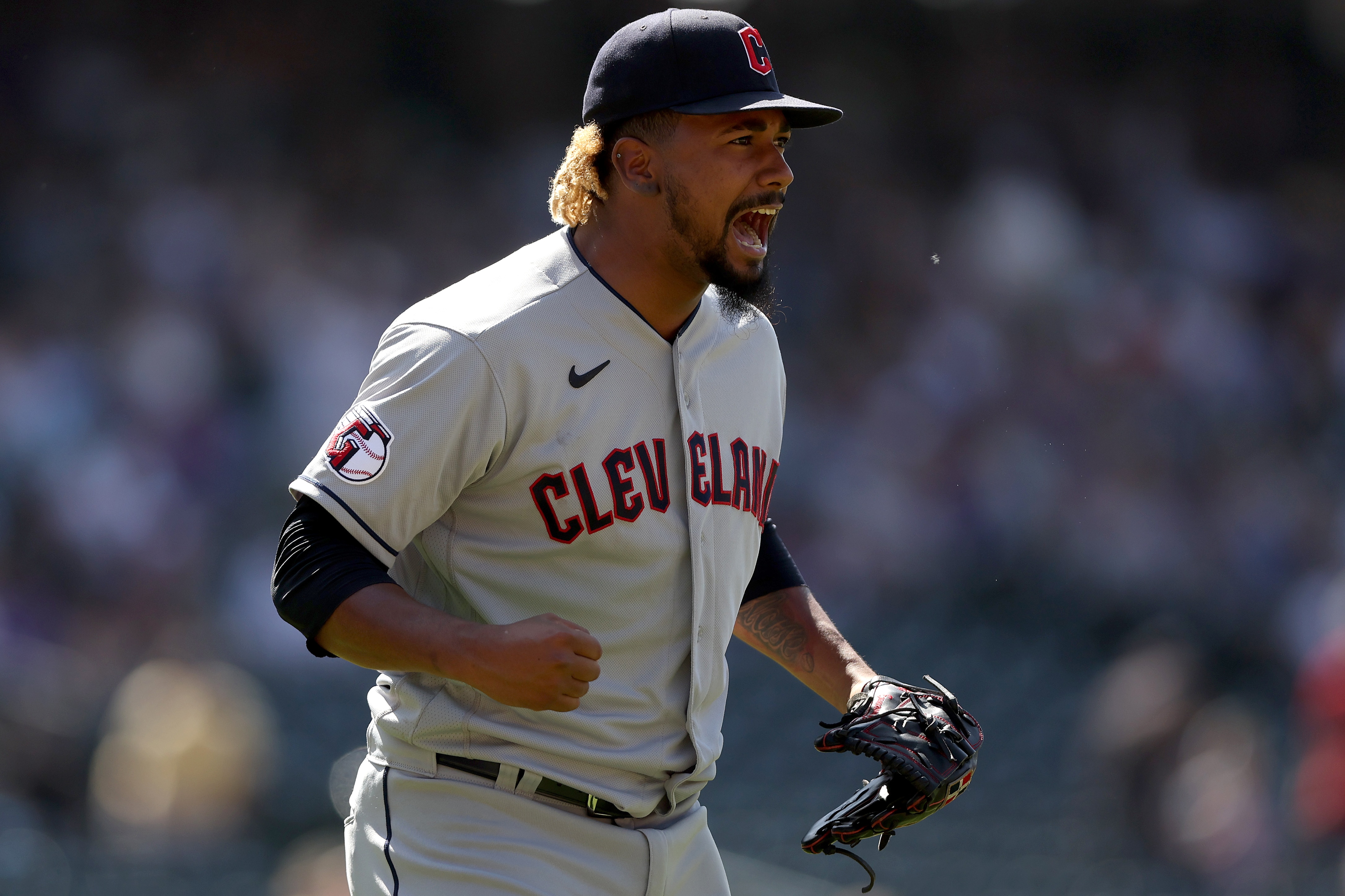 DENVER, COLORADO - JUNE 16: Pitcher Emmanuel Clase #48 of the Cleveland Guardians celebrates the last out against the Colorado Rockies in the ninth inning at Coors Field on June 16, 2022 in Denver, Colorado. (Photo by Matthew Stockman/Getty Images)