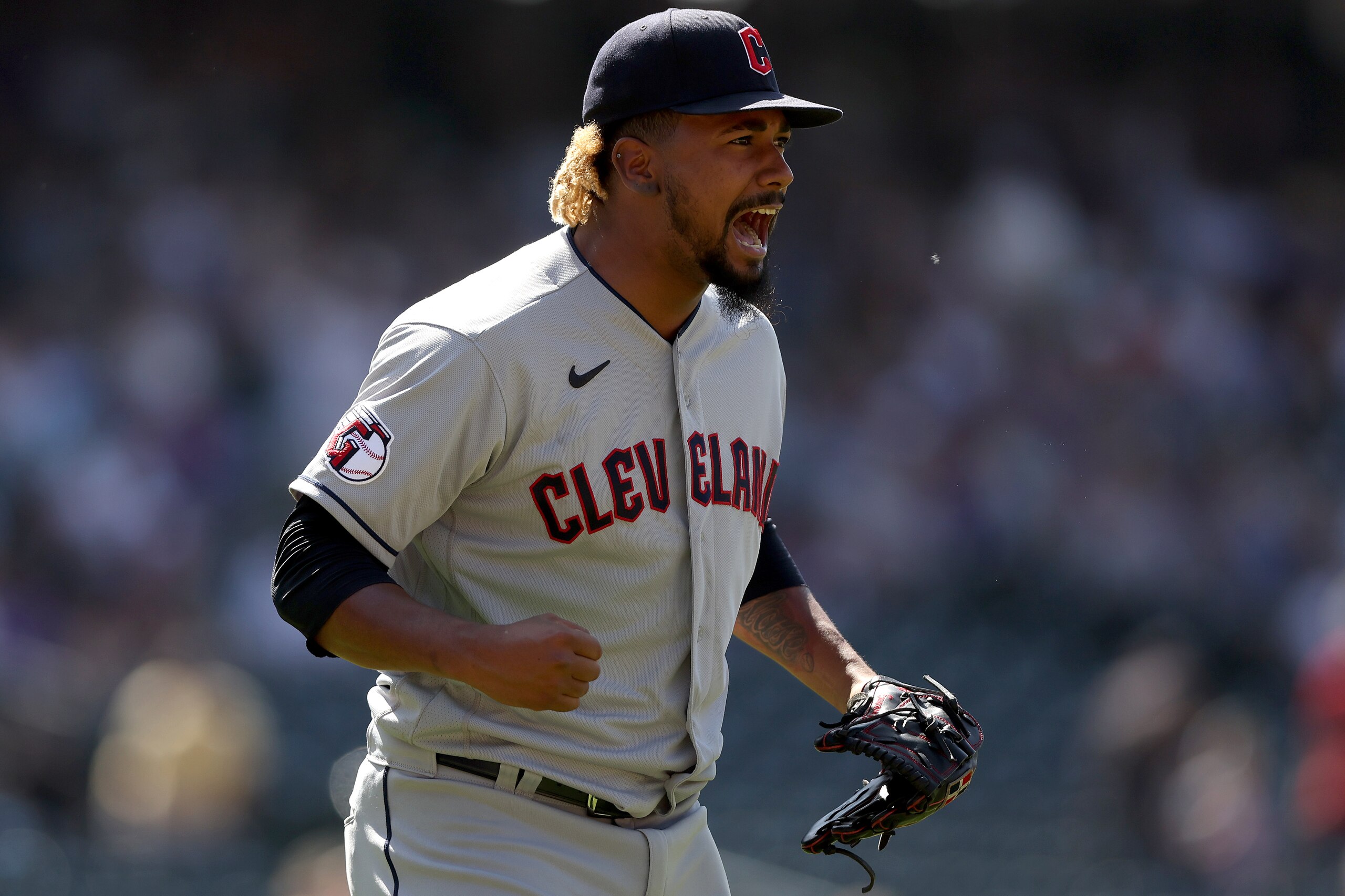 DENVER, COLORADO - JUNE 16: Pitcher Emmanuel Clase #48 of the Cleveland Guardians celebrates the last out against the Colorado Rockies in the ninth inning at Coors Field on June 16, 2022 in Denver, Colorado. (Photo by Matthew Stockman/Getty Images)