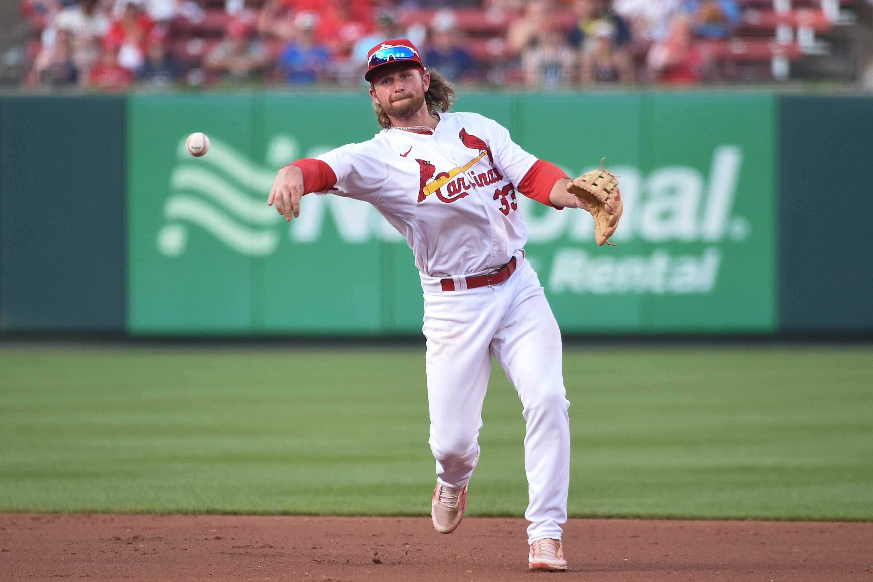 ST LOUIS, MO - JUNE 14: Brendan Donovan #33 of the St. Louis Cardinals throws during a game against the Pittsburgh Pirates during the second game of a double header at Busch Stadium on June 14, 2022 in St Louis, Missouri. (Photo by Joe Puetz/Getty Images)