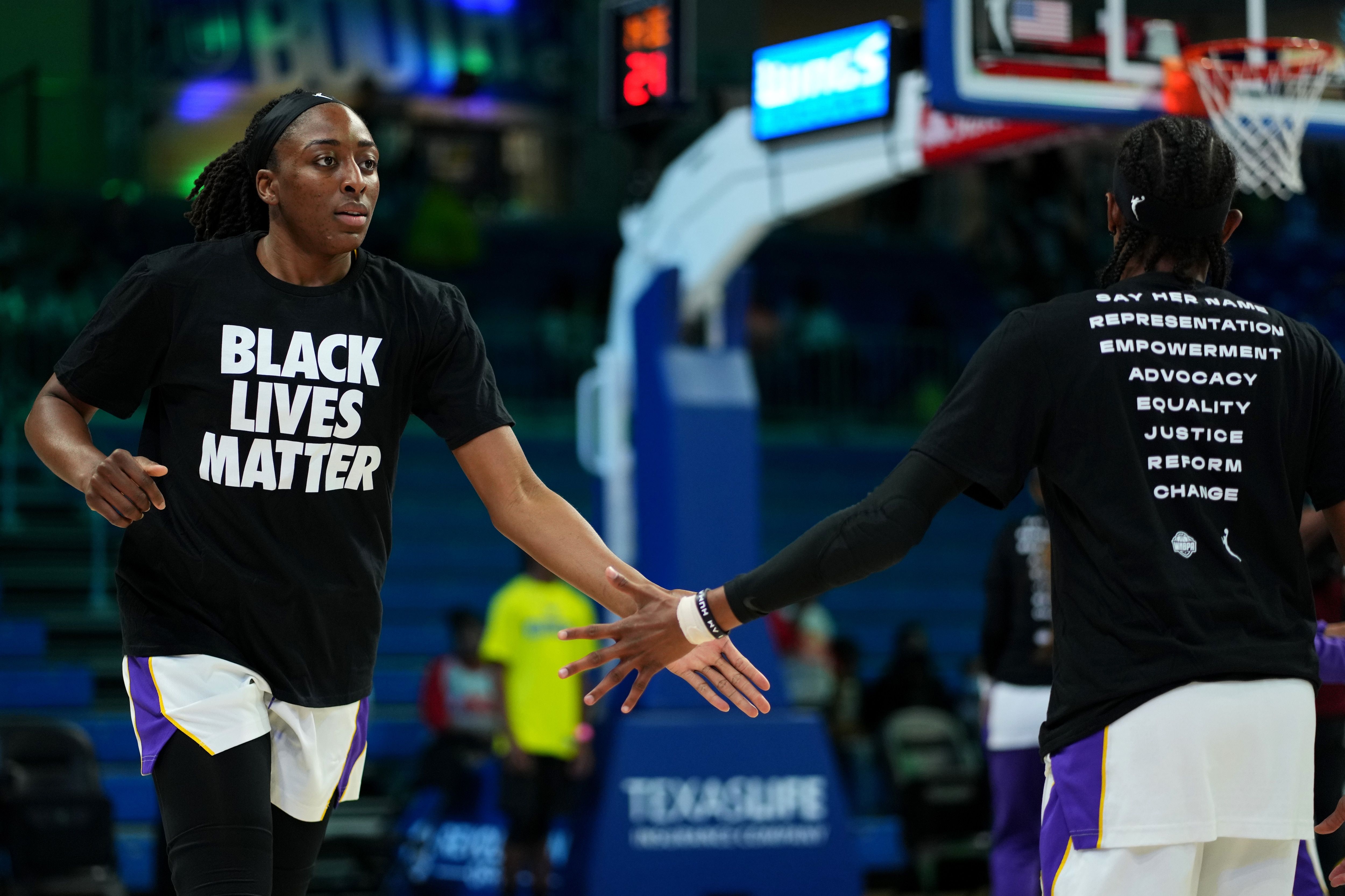 ARLINGTON, TX - JUNE 19: Nneka Ogwumike #30 of the Los Angeles Sparks walks onto the court prior to the game against the Dallas Wings on June 19, 2022 at the College Park Center in Arlington, Texas. NOTE TO USER: User expressly acknowledges and agrees that, by downloading and/or using this Photograph, user is consenting to the terms and conditions of the Getty Images License Agreement. Mandatory Copyright Notice: Copyright 2022 NBAE (Photo by Cooper Neill/NBAE via Getty Images)