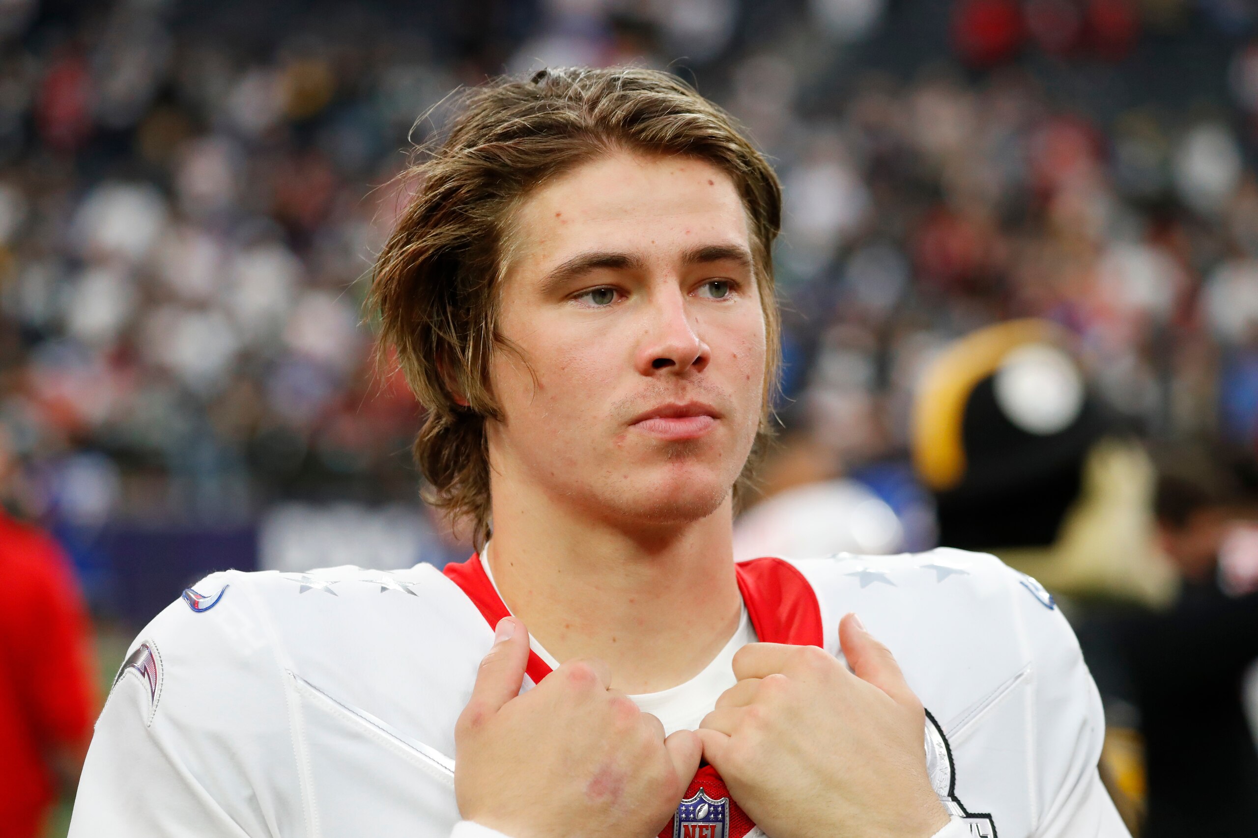 LAS VEGAS, NV - FEBRUARY 06: Los Angeles Chargers quarterback Justin Herbert (10) waits to be interviewed after being selected as the offensive MVP of the NFL Pro Bowl presented by Verizon on February 6, 2022 at Allegiant Stadium in Las Vegas, Nevada. (Photo by Jeff Speer/Icon Sportswire via Getty Images)
