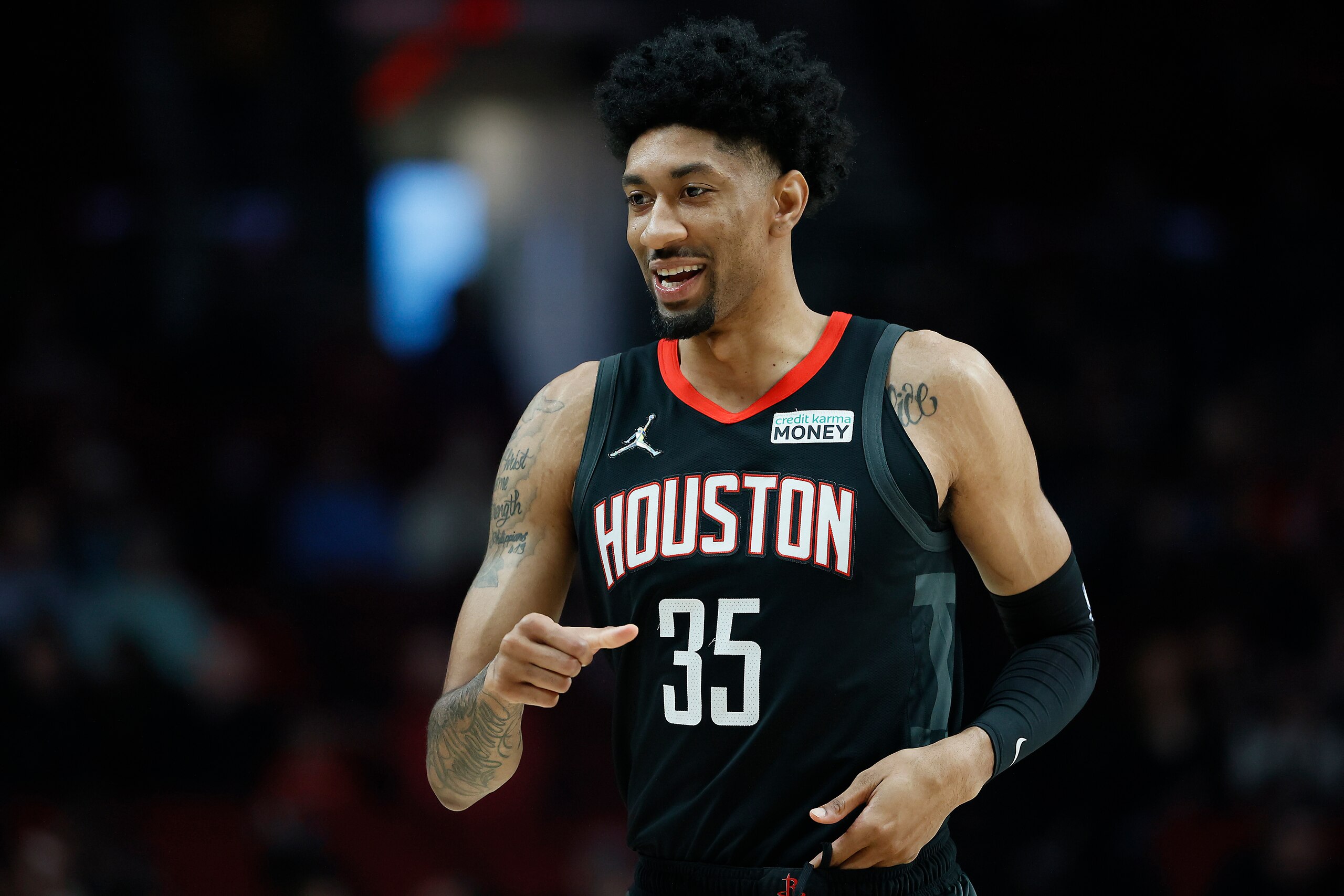 PORTLAND, OREGON - MARCH 25: Christian Wood # 35 of the Houston Rockets reacts during the first half against the Portland Trail Blazers at Moda Center on March 25, 2022 in Portland, Oregon. NOTE TO USER: User expressly acknowledges and agrees that, by downloading and or using this photograph, User is consenting to the terms and conditions of the Getty Images License Agreement. (Photo by Soobum Im/Getty Images)