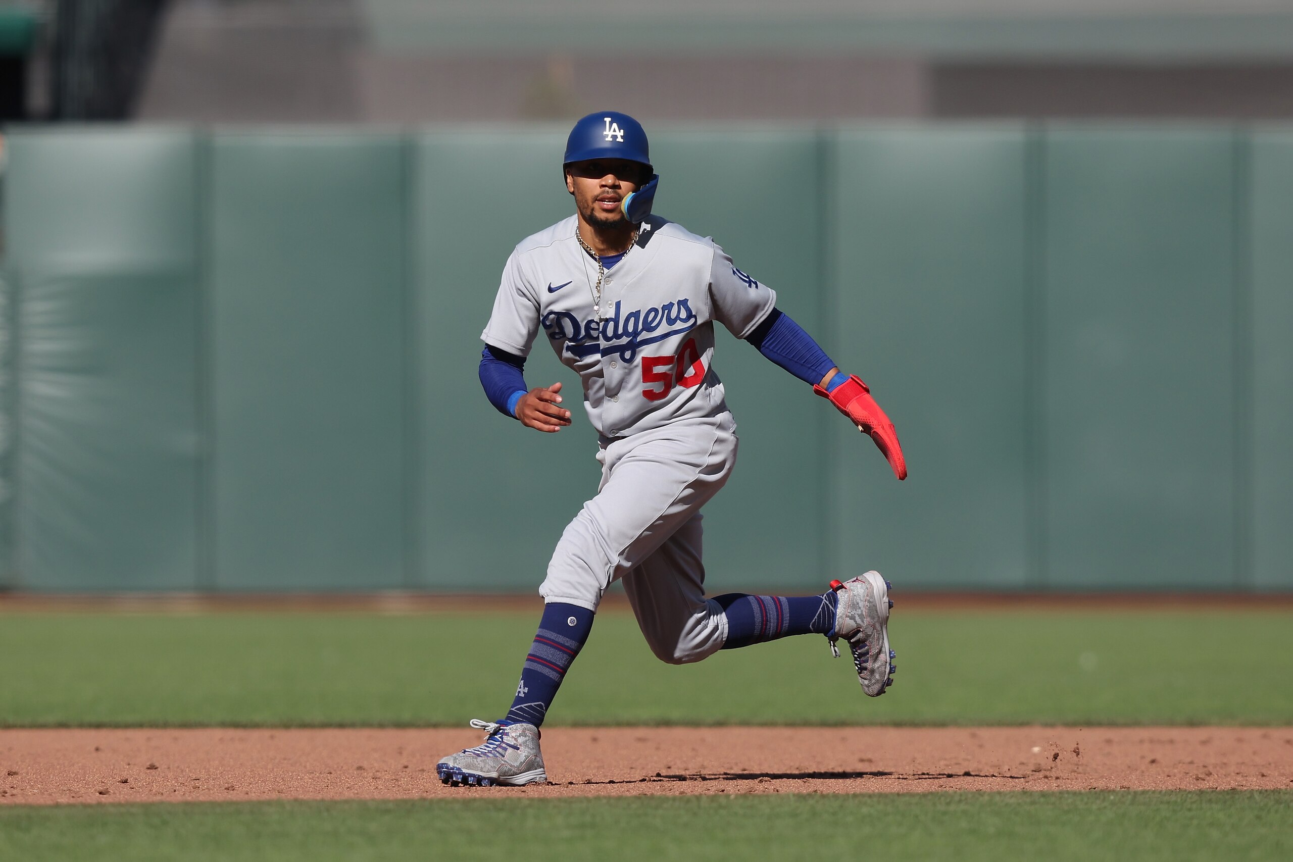 SAN FRANCISCO, CALIFORNIA - JUNE 11: Base runner Mookie Betts #50 of the Los Angeles Dodgers looks on from second base against the San Francisco Giants at Oracle Park on June 11, 2022 in San Francisco, California. (Photo by Lachlan Cunningham/Getty Images)