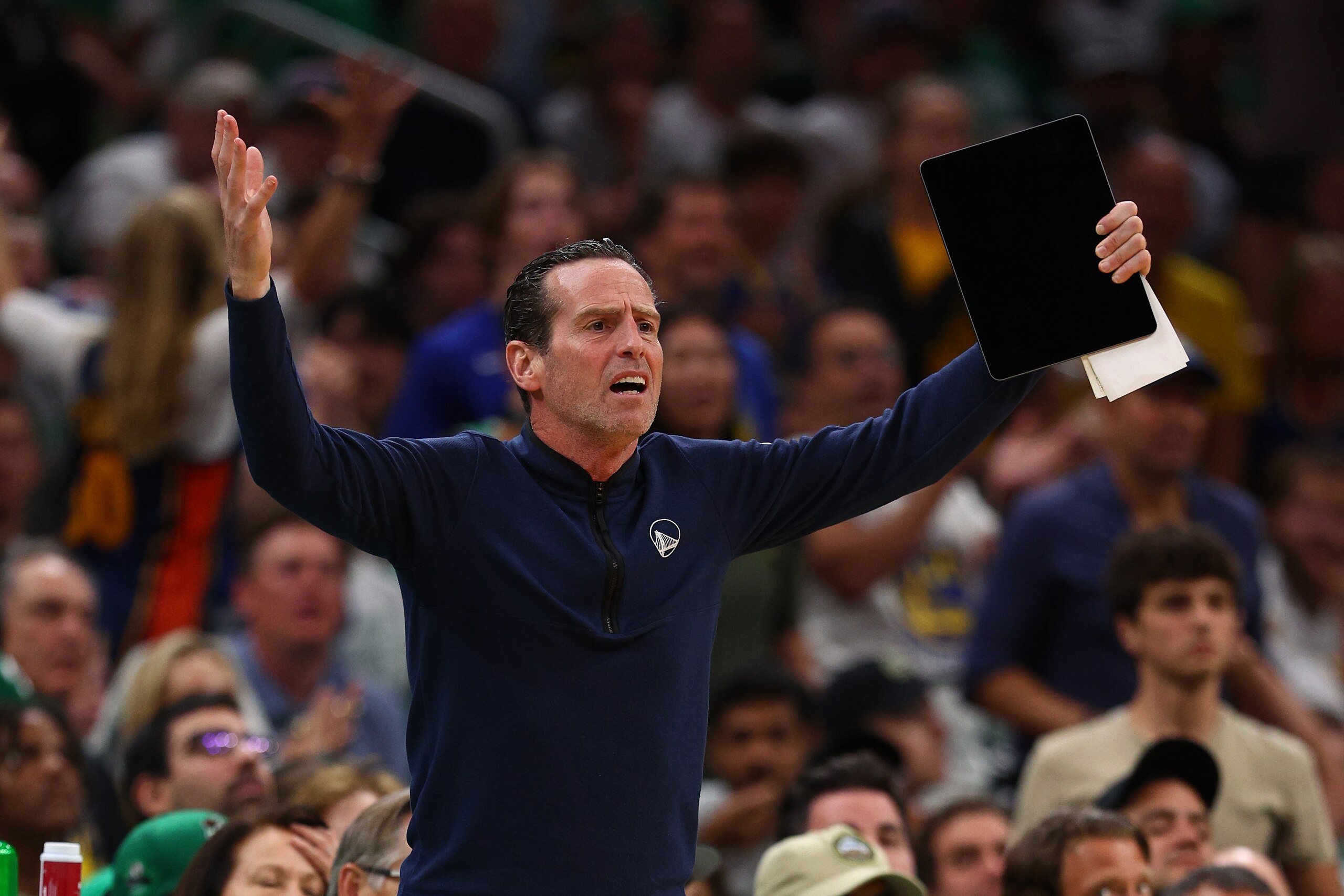 BOSTON, MASSACHUSETTS - JUNE 10: Assistant coach Kenny Atkinson reacts to a play in the third quarter against the Boston Celtics during Game Four of the 2022 NBA Finals at TD Garden on June 10, 2022 in Boston, Massachusetts. NOTE TO USER: User expressly acknowledges and agrees that, by downloading and/or using this photograph, User is consenting to the terms and conditions of the Getty Images License Agreement. (Photo by Elsa/Getty Images)