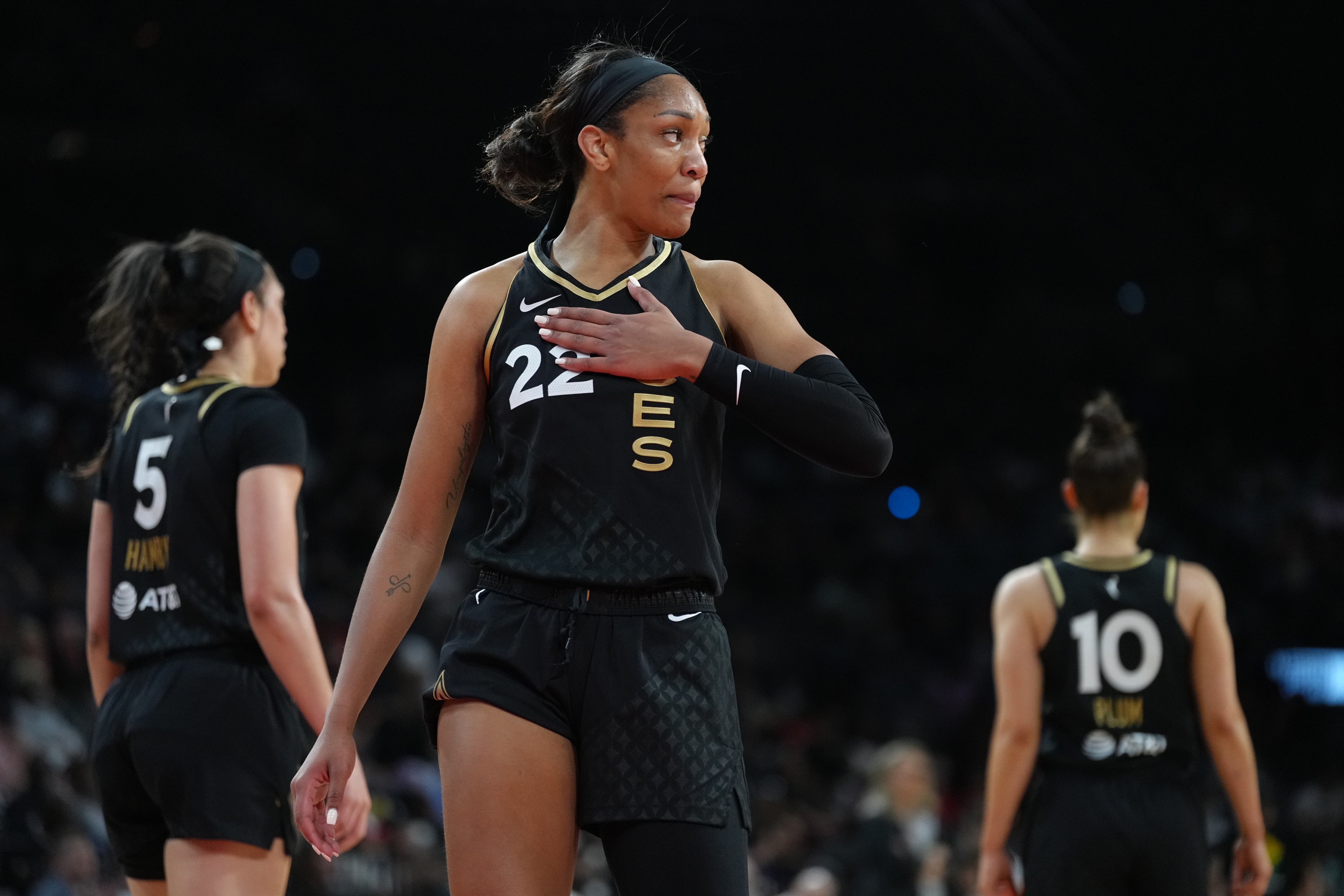 LAS VEGAS, NV - JUNE 19: A'ja Wilson #22 of the Las Vegas Aces looks on during the game against the Minnesota Lynx on June 19, 2022 at Michelob ULTRA Arena in Las Vegas, Nevada. NOTE TO USER: User expressly acknowledges and agrees that, by downloading and or using this photograph, User is consenting to the terms and conditions of the Getty Images License Agreement. Mandatory Copyright Notice: Copyright 2022 NBAE (Photo by Jeff Bottari/NBAE via Getty Images)
