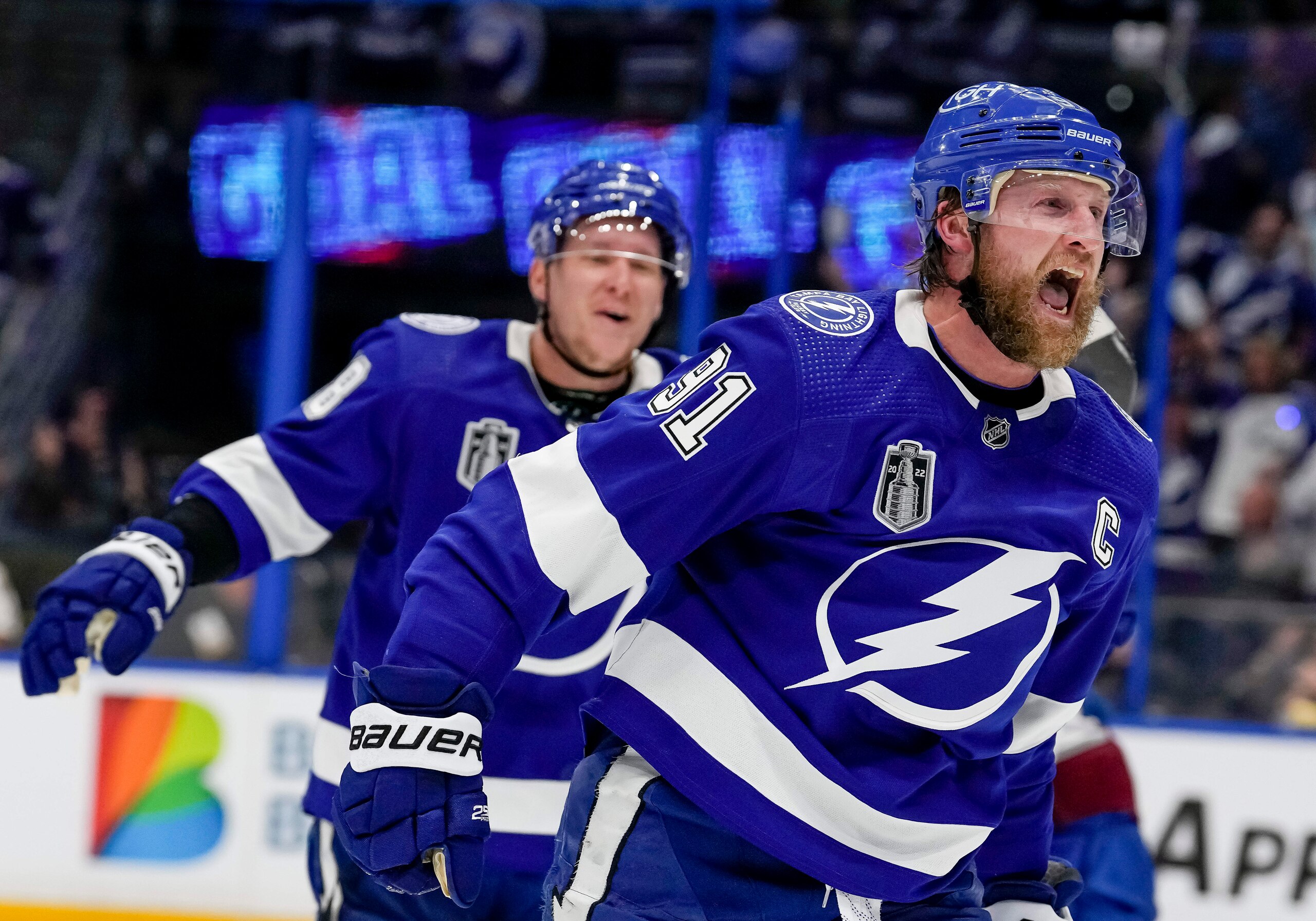 TAMPA, FL - JUNE 20: Tampa Bay Lightning center Steven Stamkos (91)Celebrates scoring a goal in the 2nd period during the NHL Hockey Stanley Cup Finals Game 3 between Tampa Bay Lightning and the Colorado Avalanche on June 20th, 2022 at Amalie Arena in Tampa Florida (Photo by Andrew Bershaw /Icon_Sportswire)